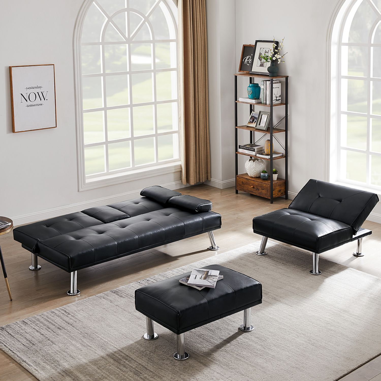 JASMODER Modern Black Faux Leather Small Sofa with Cup Holder and ...