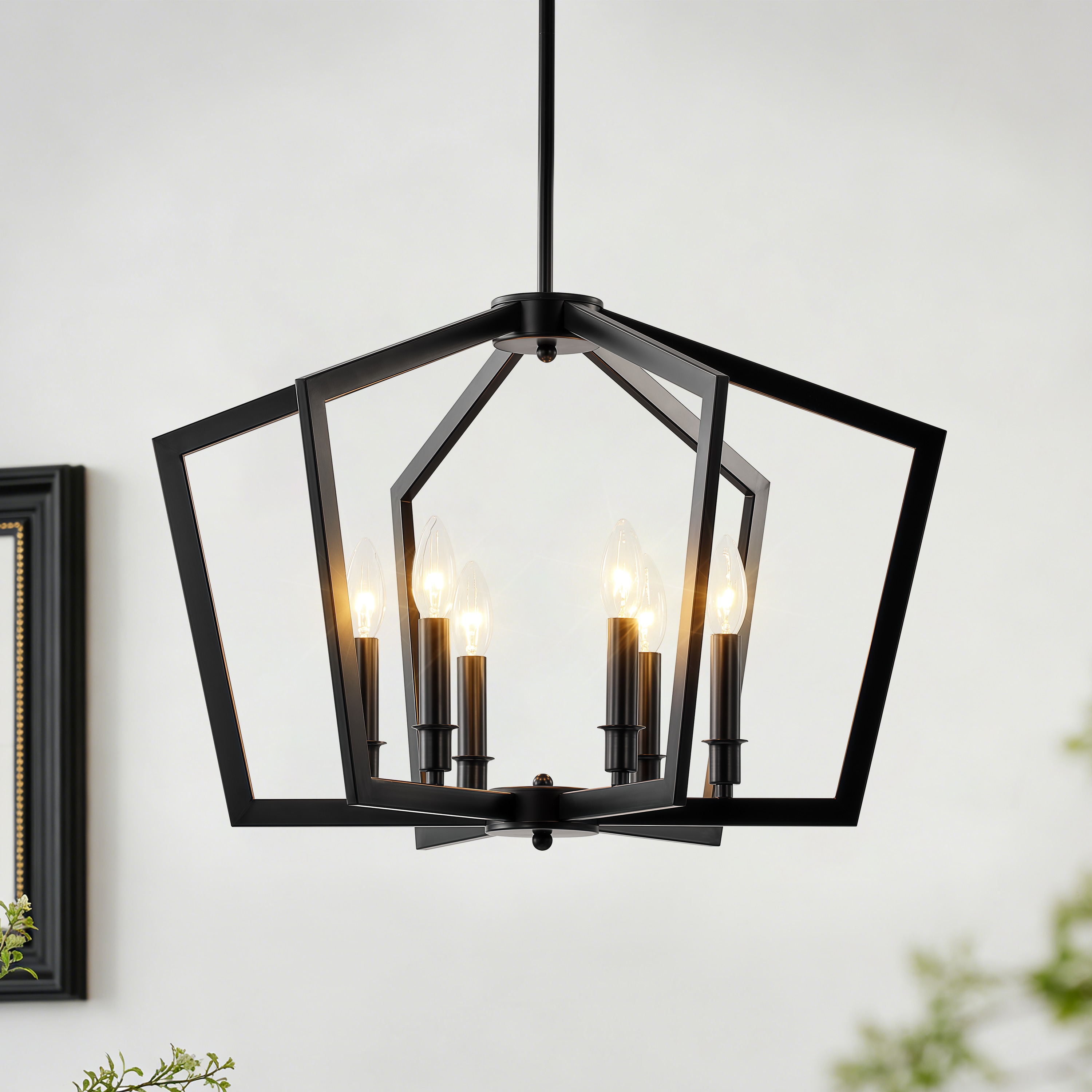 GoYeel 6-Light Modern Farmhouse Lantern Chandelier, Black Metal Pendant Light with Shell for Dining Room