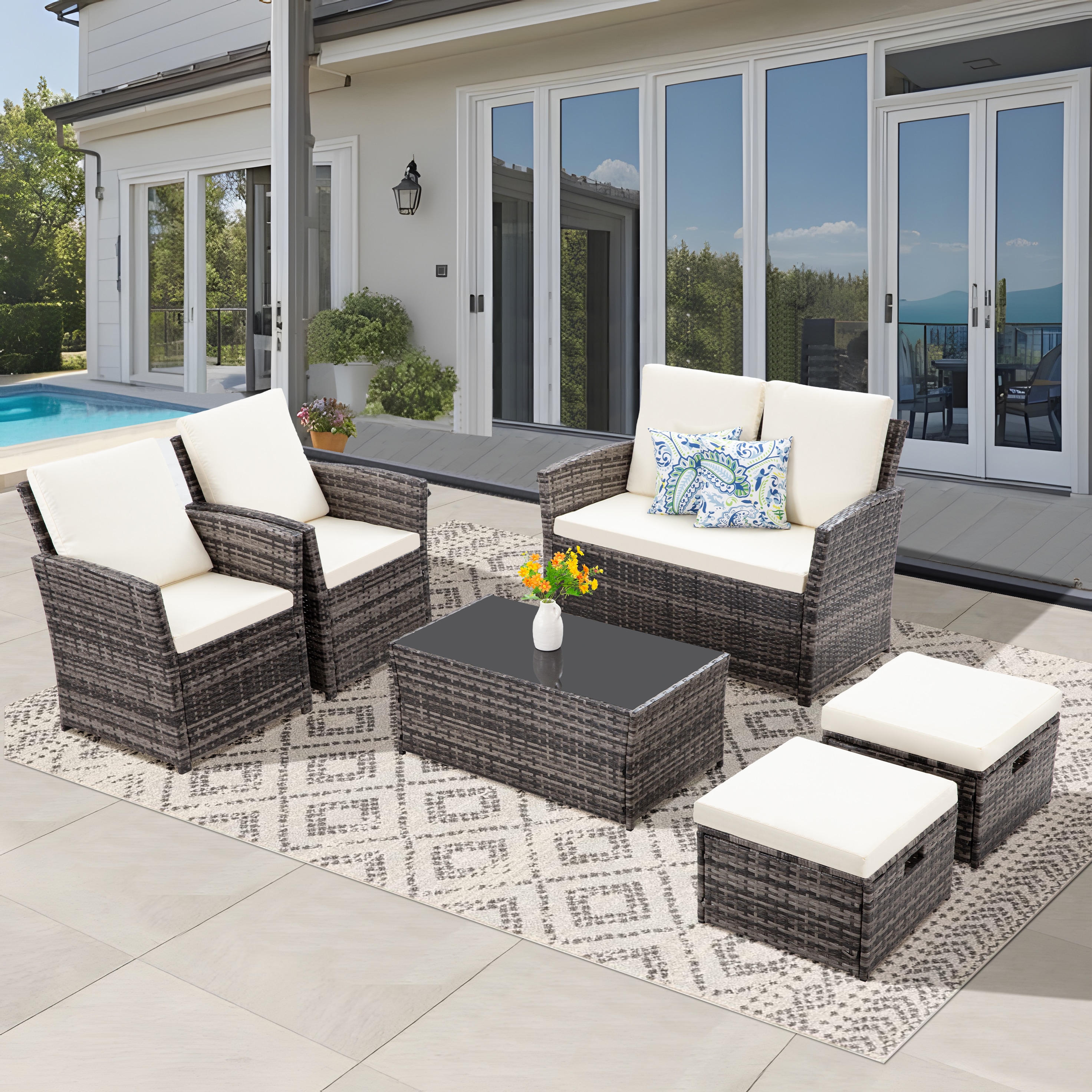 EarlGrove LS-F5781-BL0012 6 -Piece Wicker Patio Conversation Set with Beige Cushions