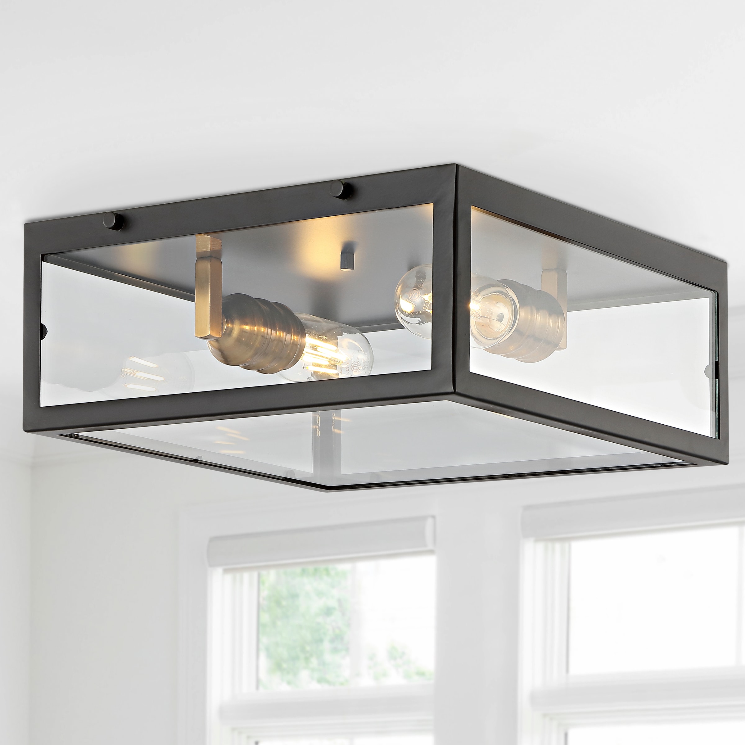 JONATHAN  Y JYL9501E Grayson 12" Iron/Glass Bohemian Transitional 1 -Light 12-in Oil rubbed Black Flush Mount Light