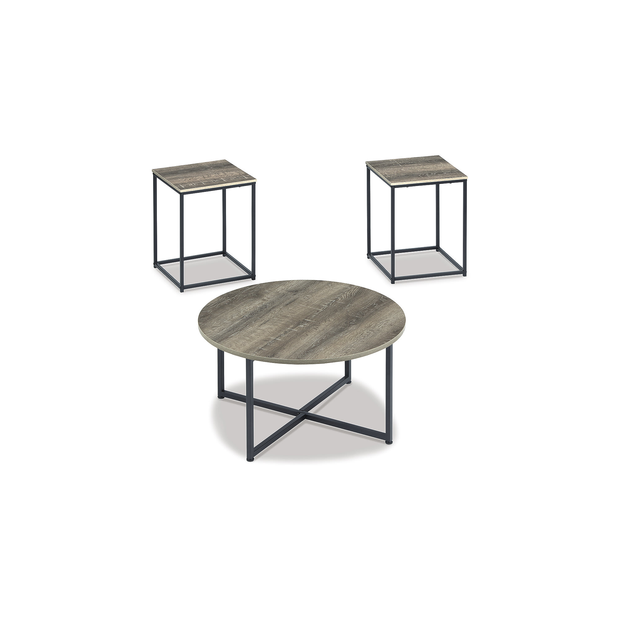 Signature Design by Ashley T103-213 Wadeworth Driftwood Look Brown Wood Grain and Matte Black Metal 3 Piece Contemporary Table Set