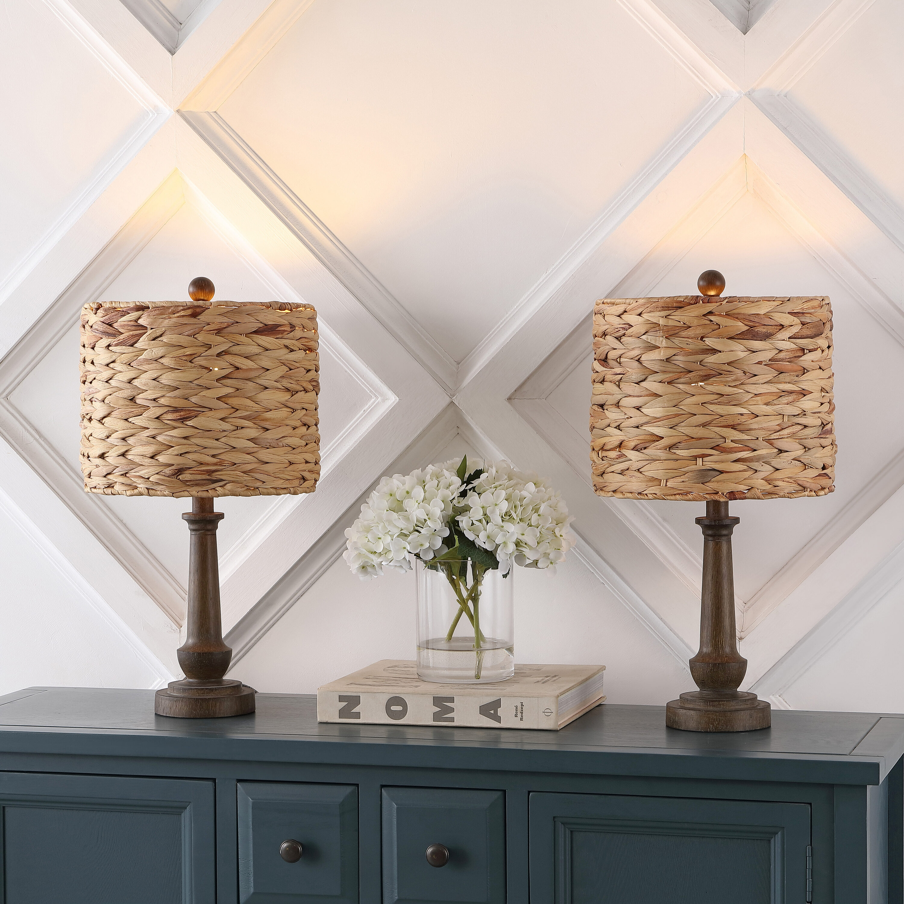 JONATHAN  Y Leona Handwoven Water Hyacinth/Resin Rustic Farmhouse 21.25-in Brown Wood Finish LED Rotary socket Table Lamp with Rattan Shade 2 -Set