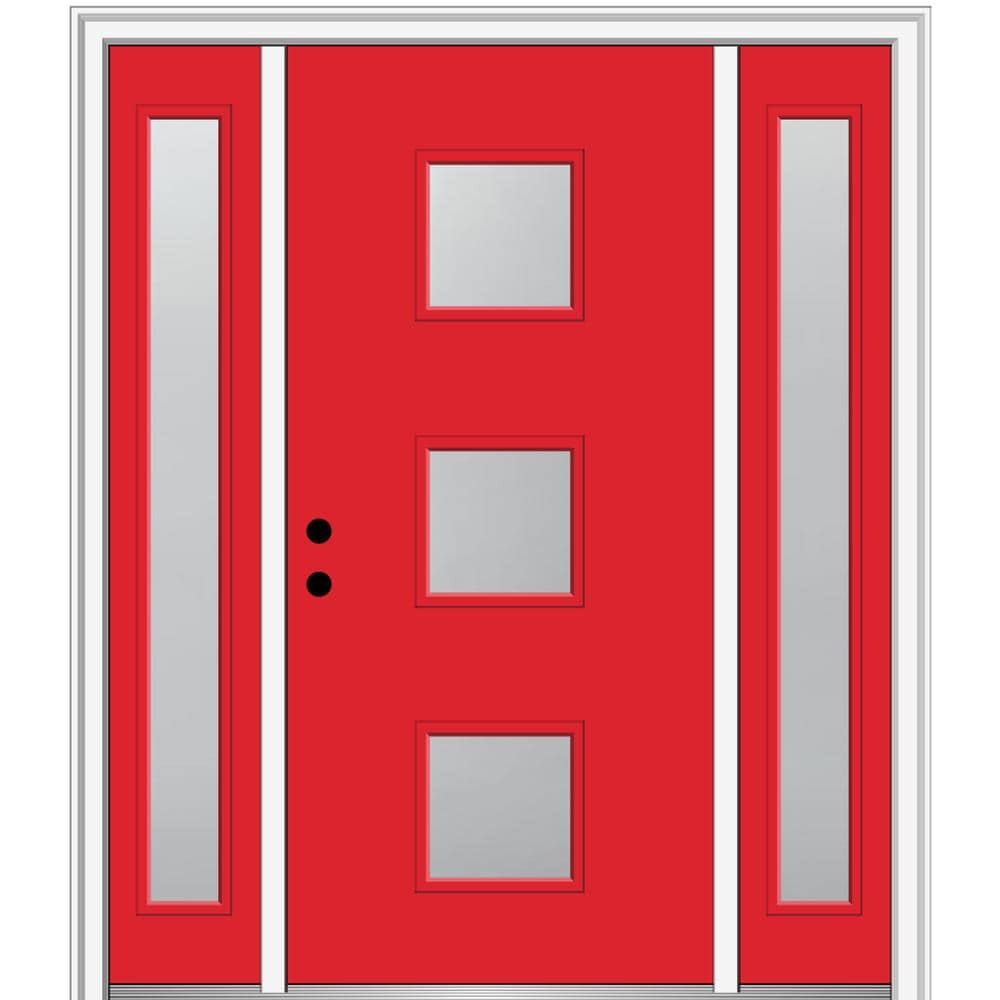 MMI DOOR ZZ350142R Spotlights 60-in x 80-in x 6-9/16-in Fiberglass Pulse lite Right-hand inswing Red Saffron Painted Prehung Front Door with Sidelights with Brickmould Insulating core
