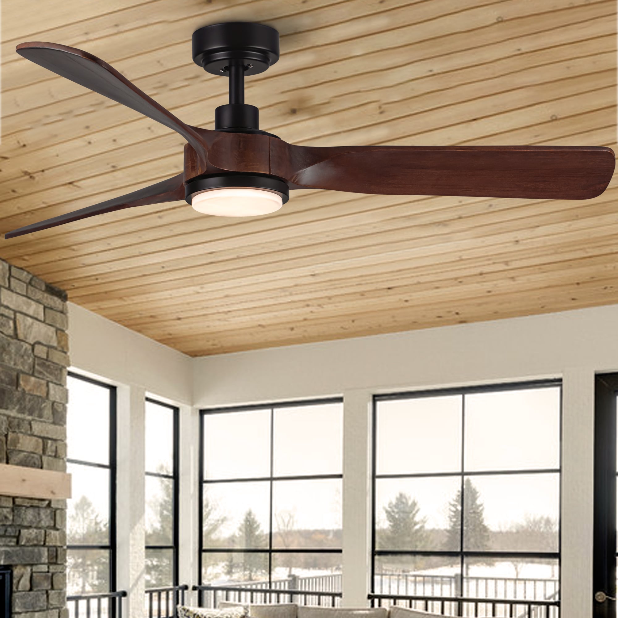 YUHAO LSDC1149BKM52 TeakAura 52-in Color-Changing Integrated LED Outdoor Black with Matte Blades Propeller Ceiling Fan With Light - Remote Included ( 3 -Blade )