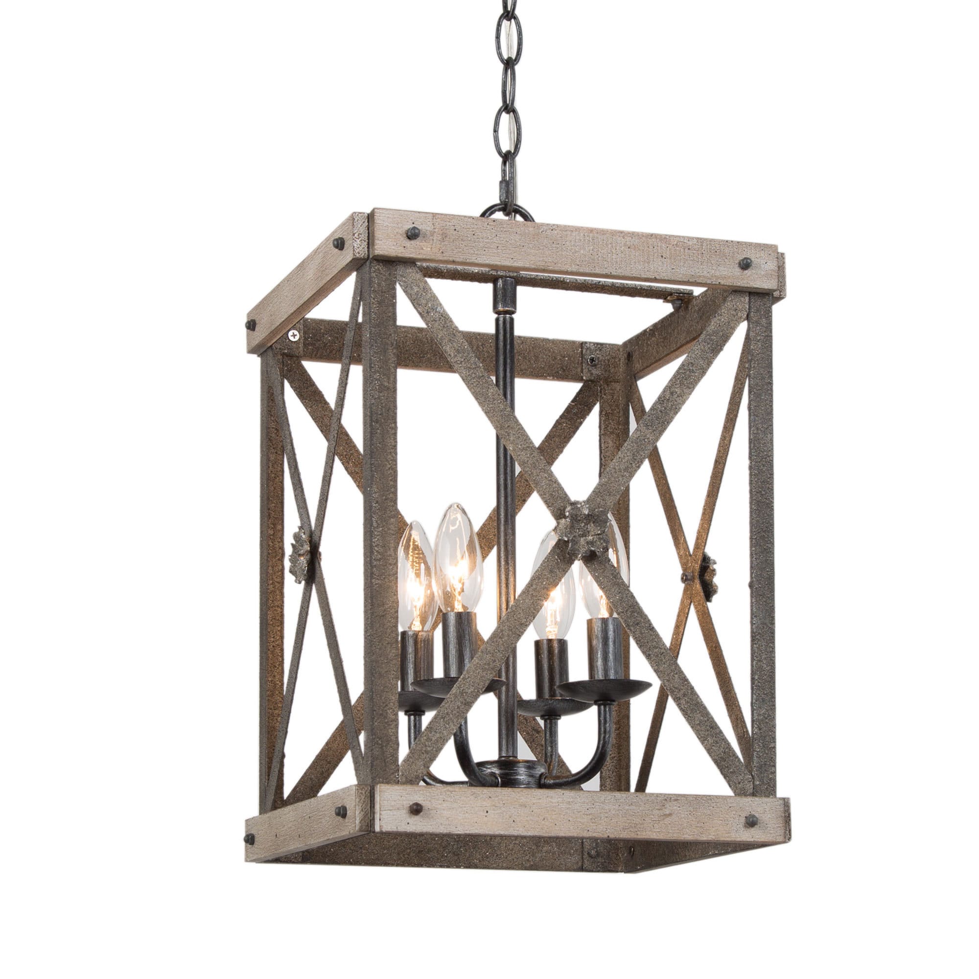 LNC Laius 4 -Light Brushed Balck and Antique Gray Wood Farmhouse Square Medium Hanging Kitchen island light