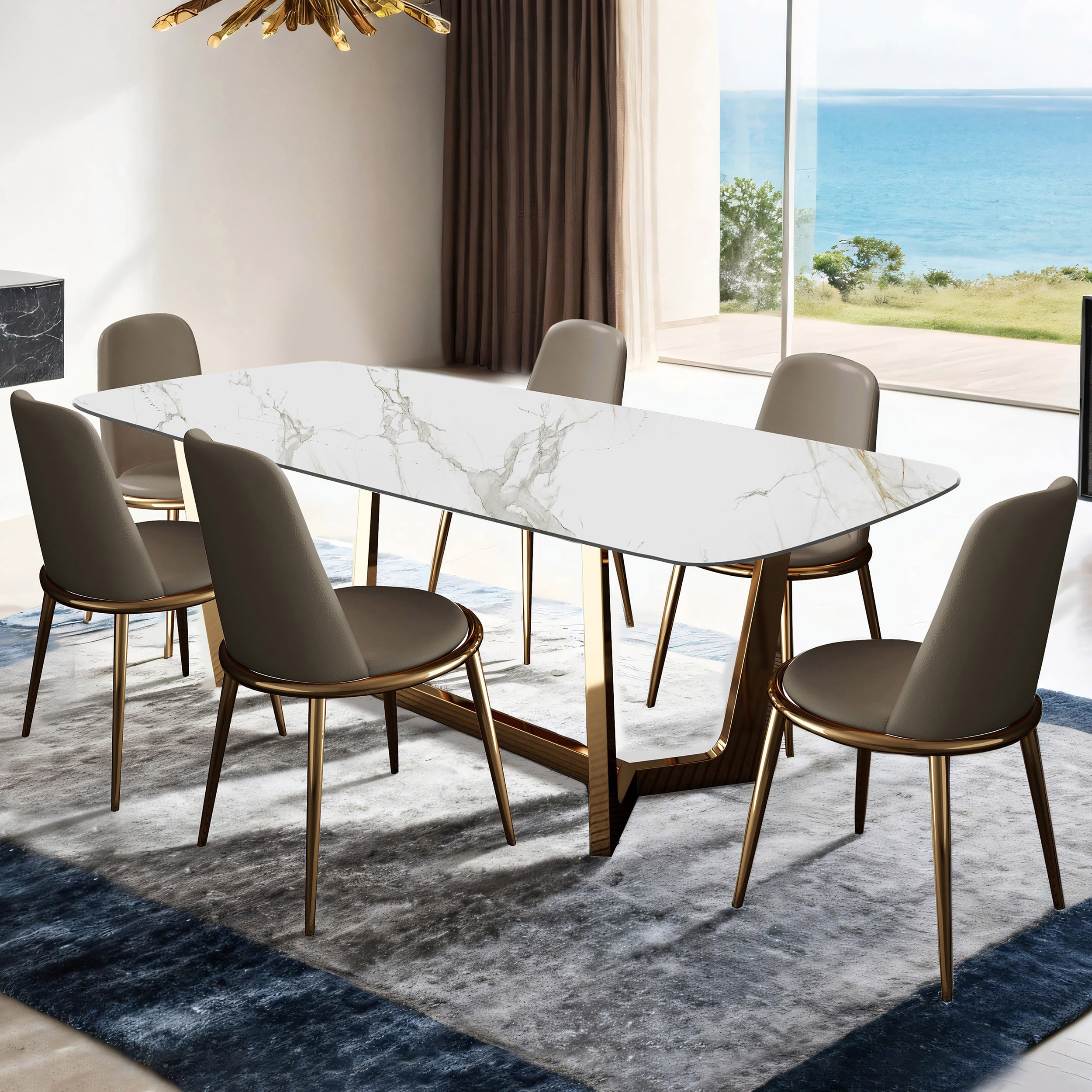 Furniture of America IDF-3701GDT-7PC Riven Gold Contemporary/Modern Dining Room Set with Rectangular Table ( Seats 6 )