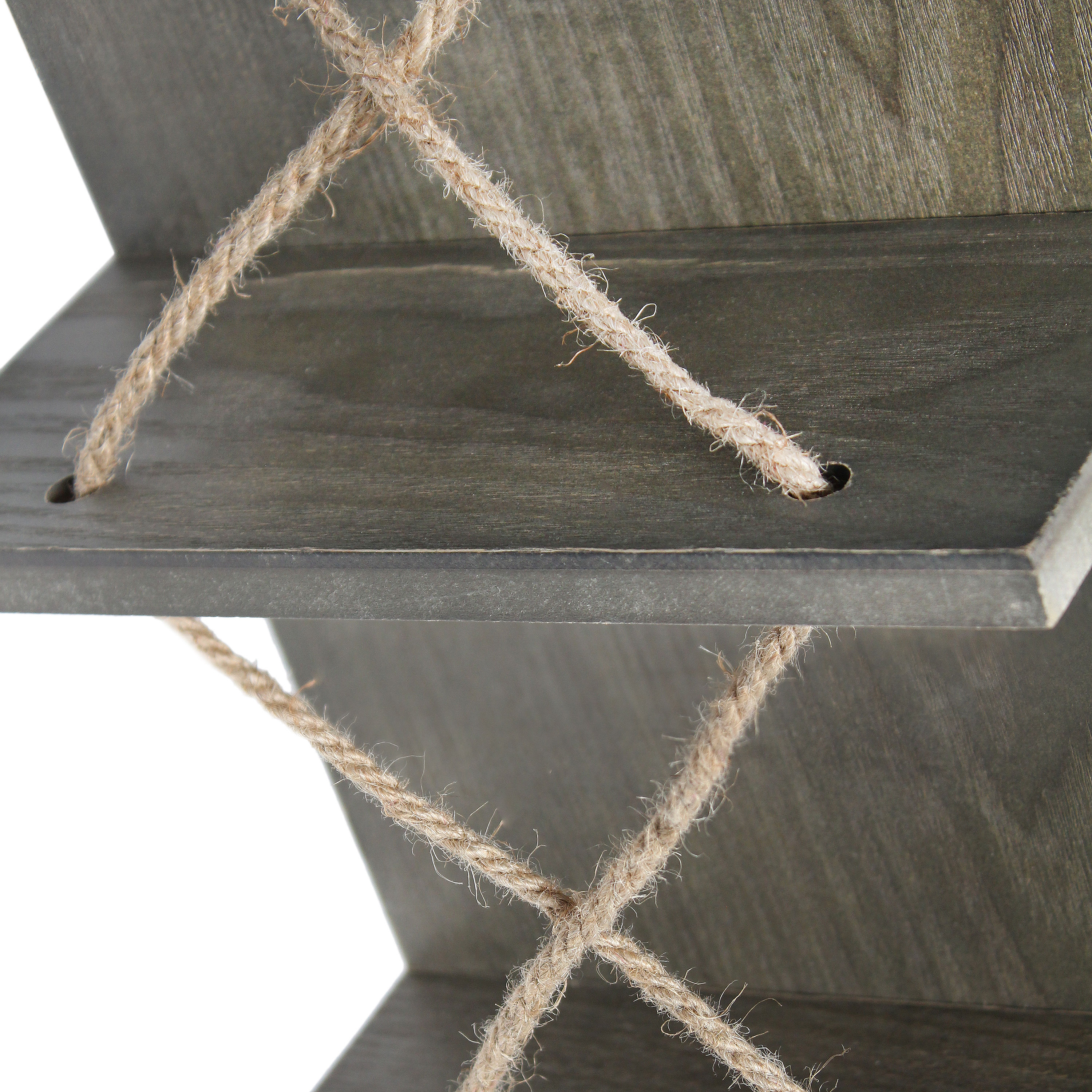 Rustic Gray Pine Wood Wall-Mounted Wine Rack with Natural Rope Accents