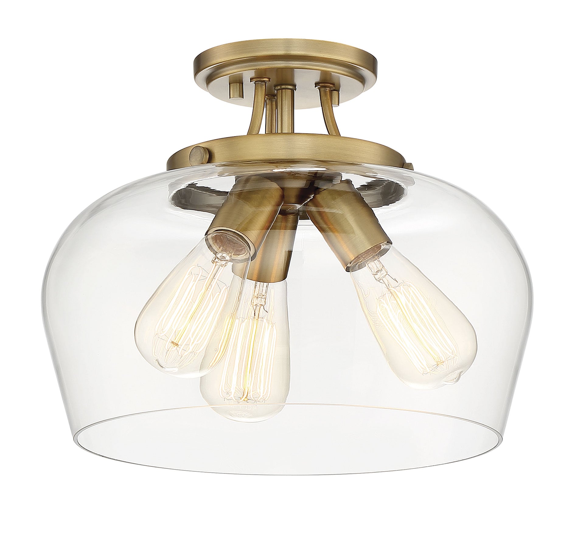 Elegant Warm Brass 3-Light Semi-Flush Mount with Curved Glass Shade
