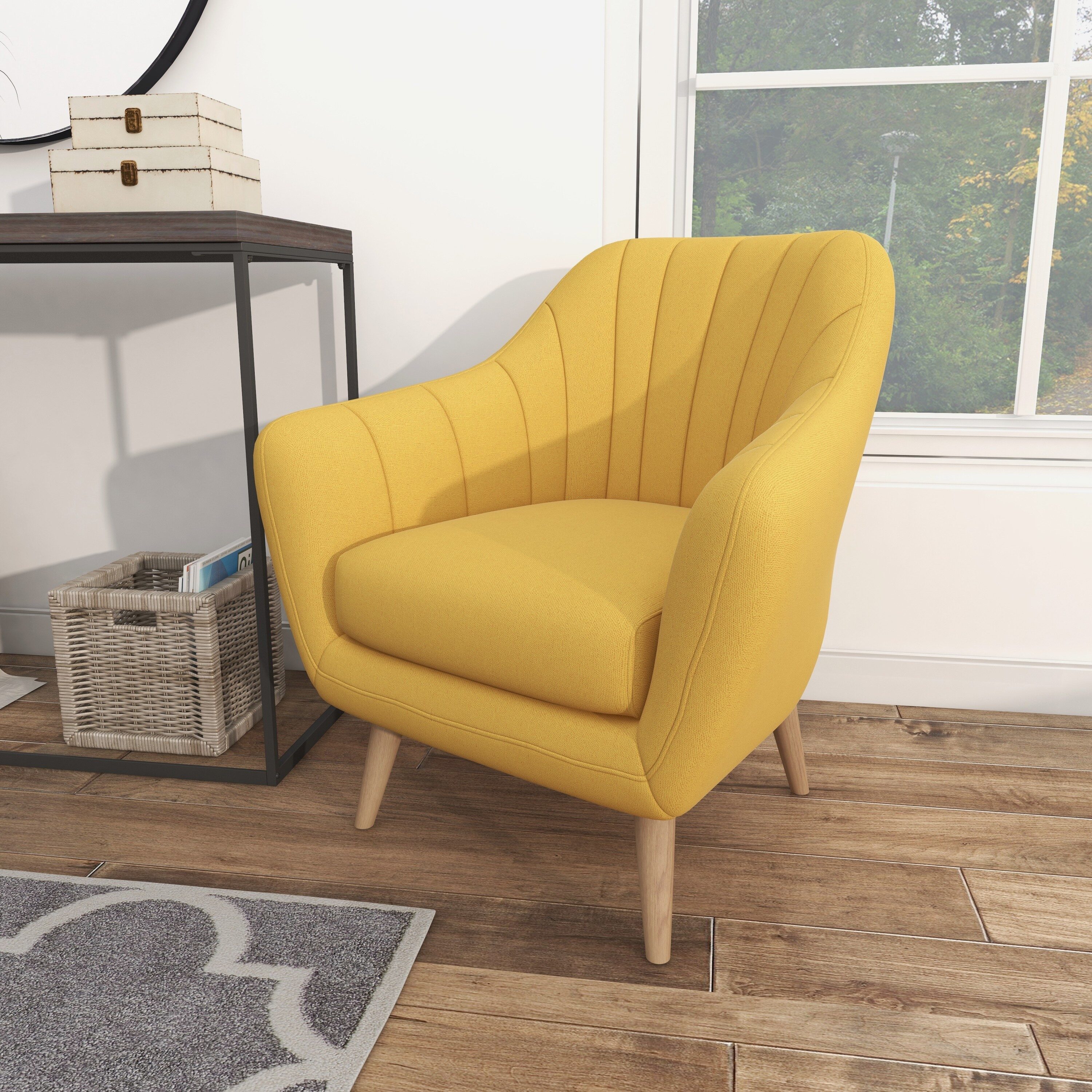 Yellow Velvet Barrel Accent Chair with Wood Legs