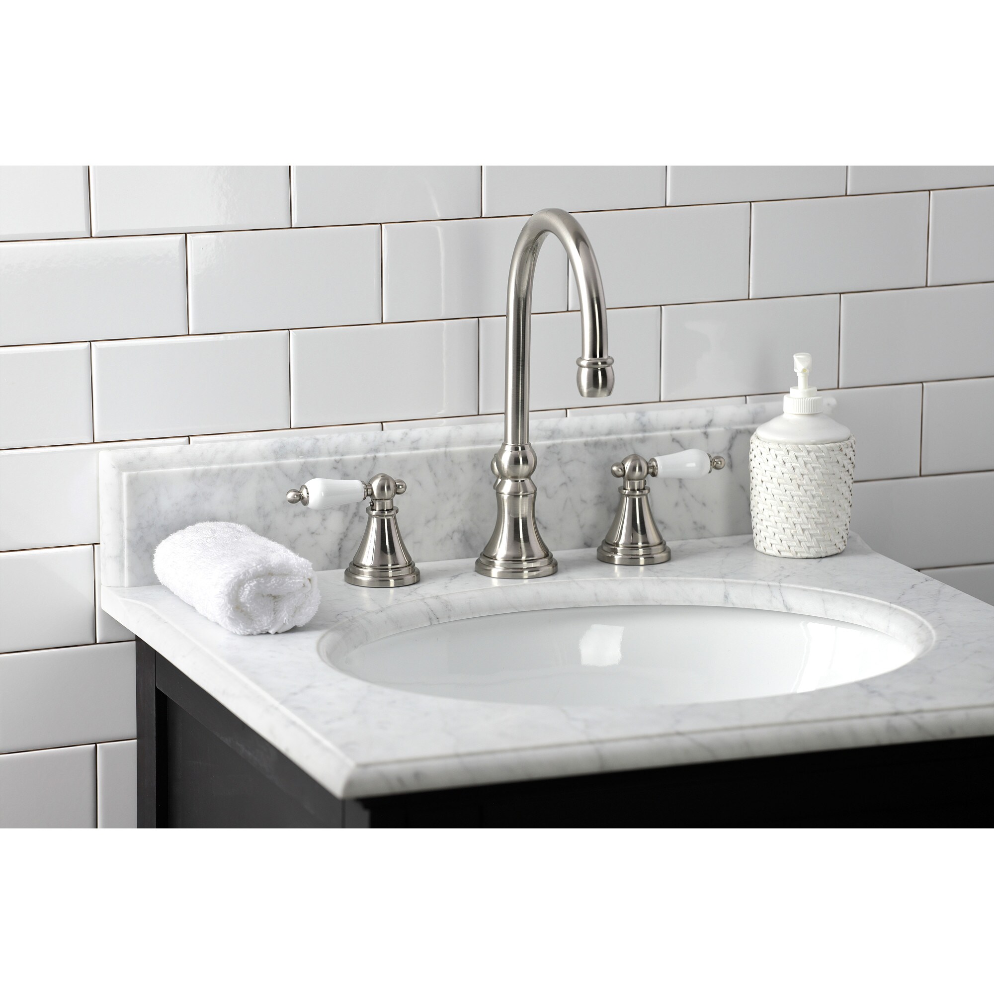 Elements of Design ES2988PL Satin nickel Widespread 2-handle High-arc Residential Handle Bathroom Sink Faucet with Drain