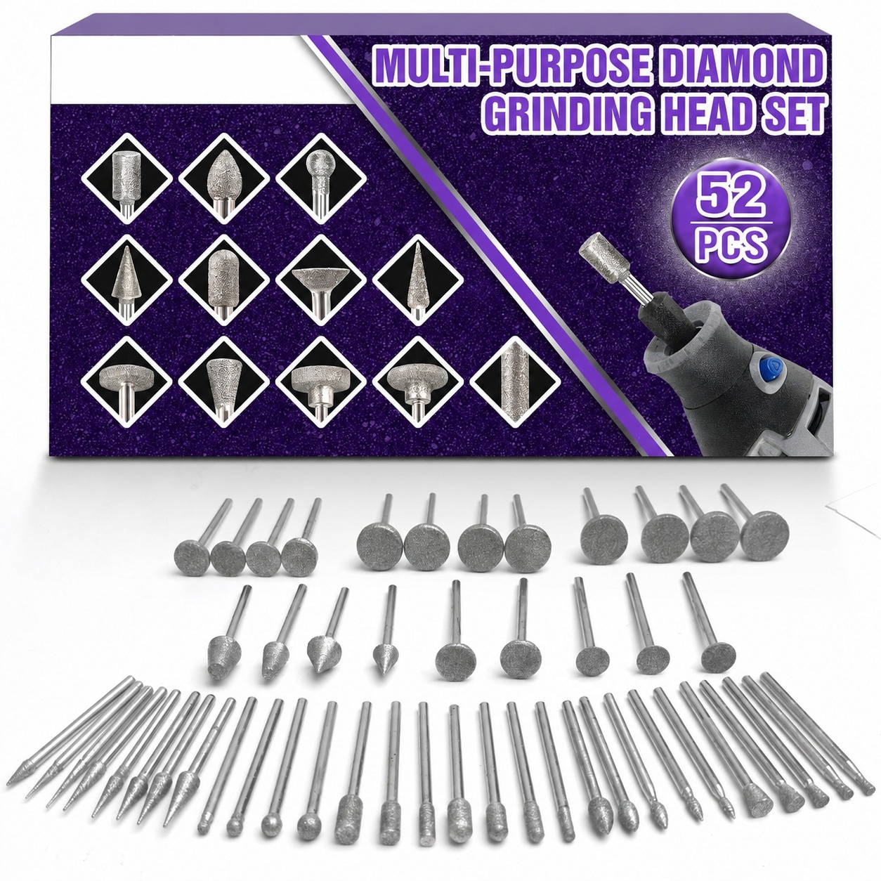 Lukvuzo  Diamond Grinding Bit Set 52pcs Rotary Tool Accessories 3mm Shank for Stone Glass Ceramic Engraving Polishing and Carving Multiple Shapes