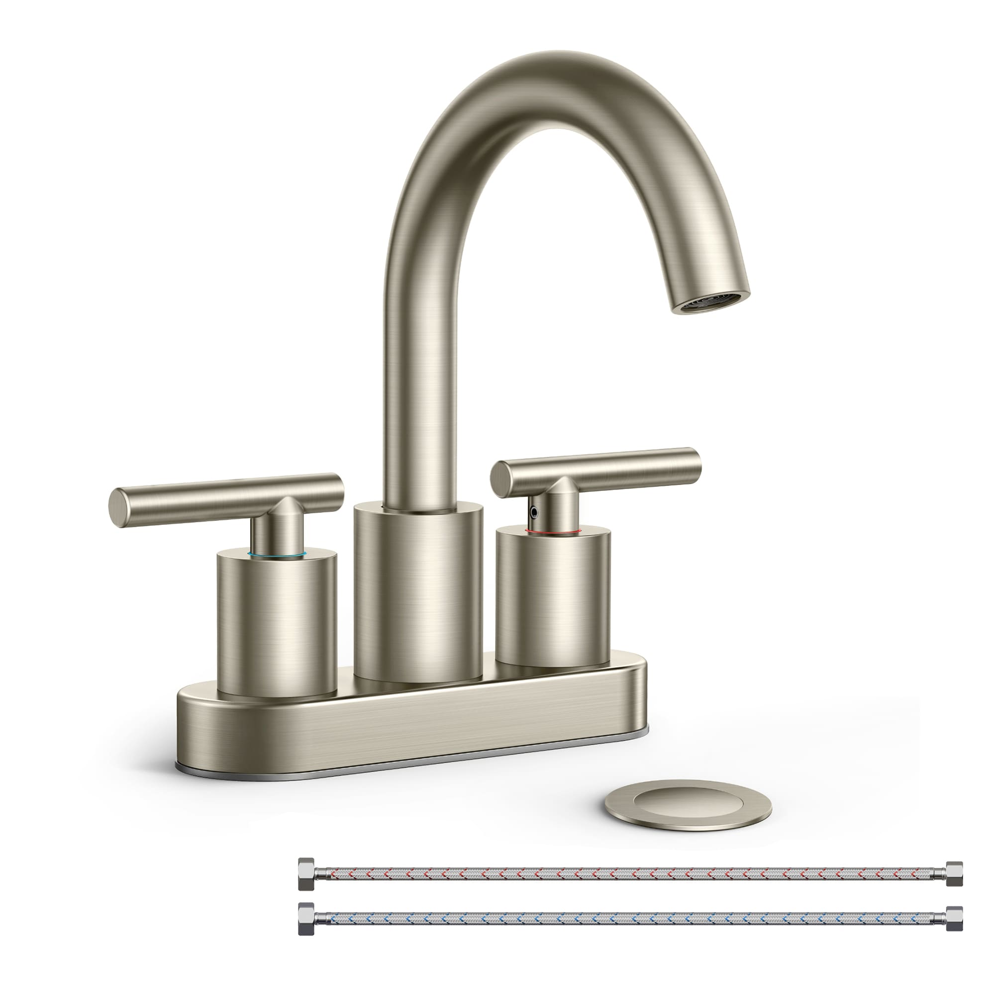 FURUISI LL39035BN Brushed Nickel 4-in centerset 2-handle Swivel Commercial/Residential Handle Bathroom Sink Faucet with Drain