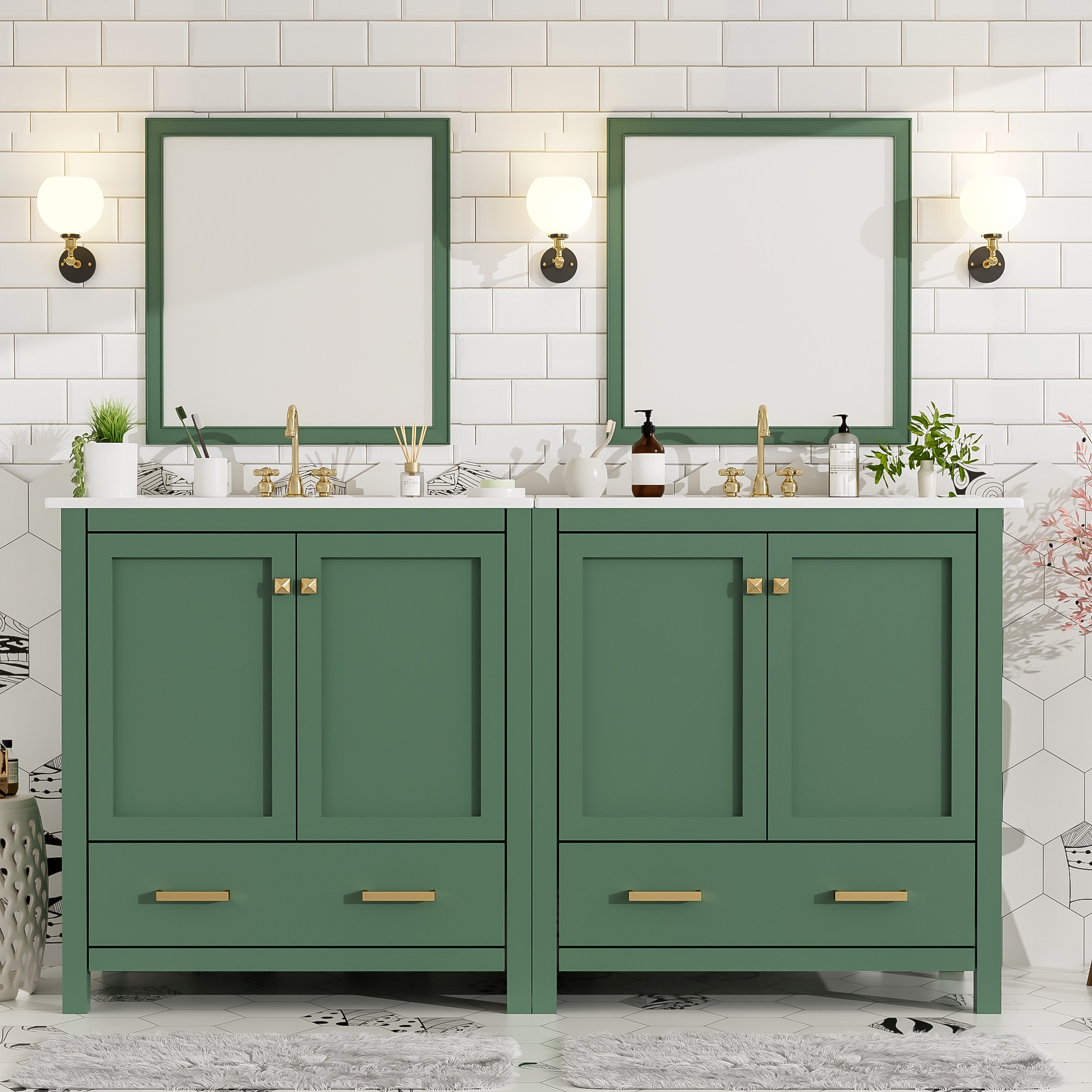 Tatayosi - 60inches Green Bathroom Vanity Set with Double Vanities (Separate) Double Ceramic Sink...