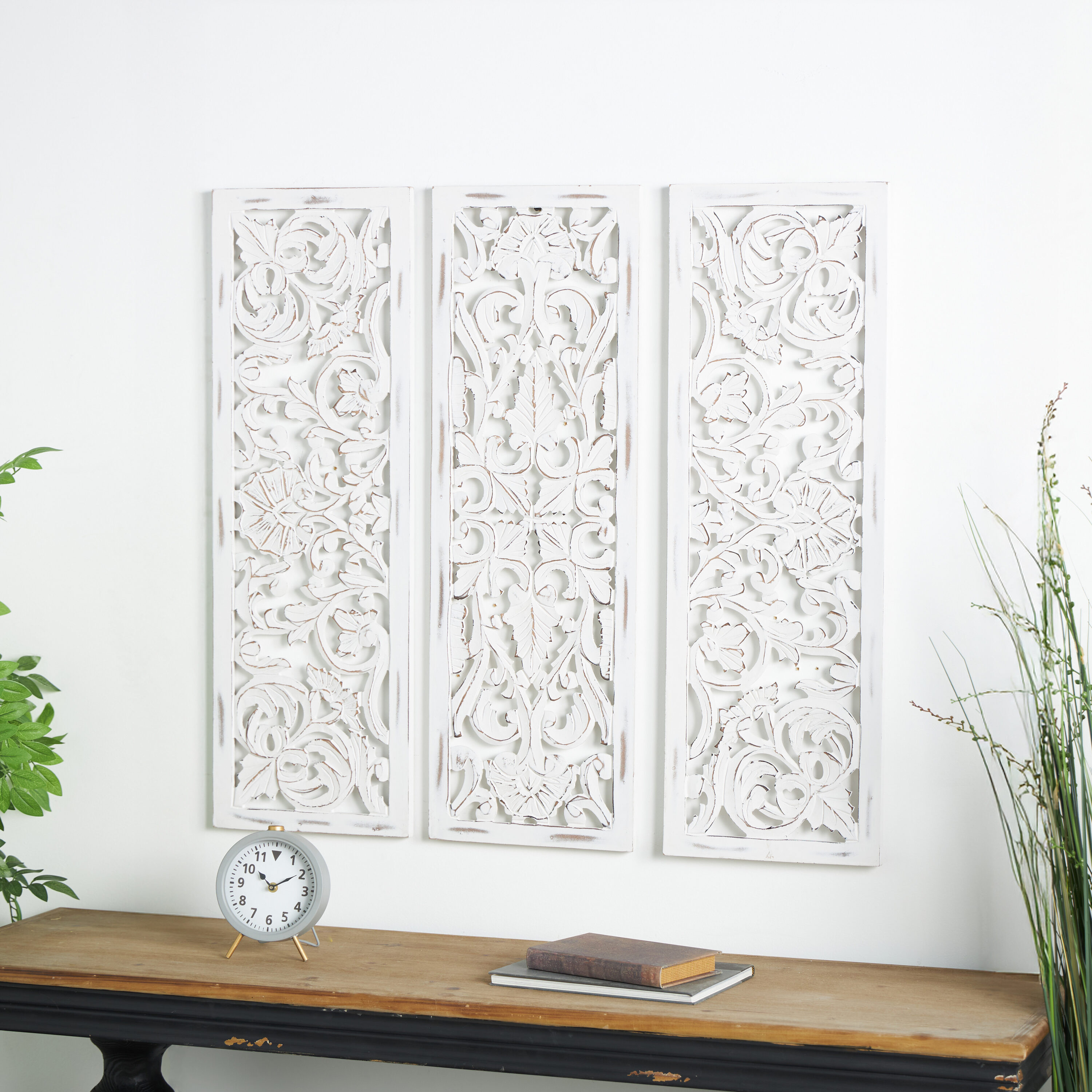White Distressed Wood Carved Floral Wall Panels Set of 3