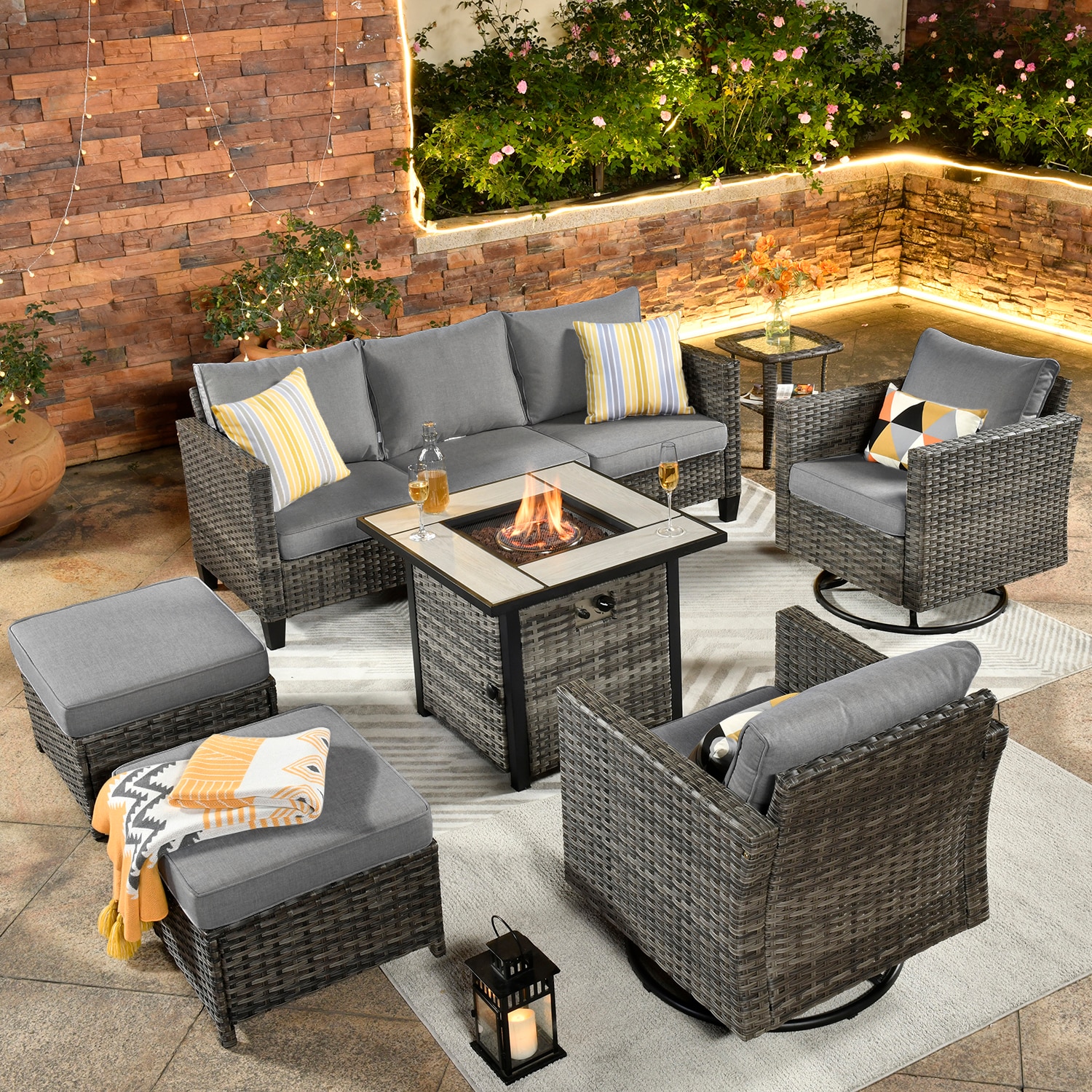 XIZZI XSQRCFP2174 Lullaby 7 -Piece Rattan Patio Sofa Conversation Set with Dark Gray Cushions