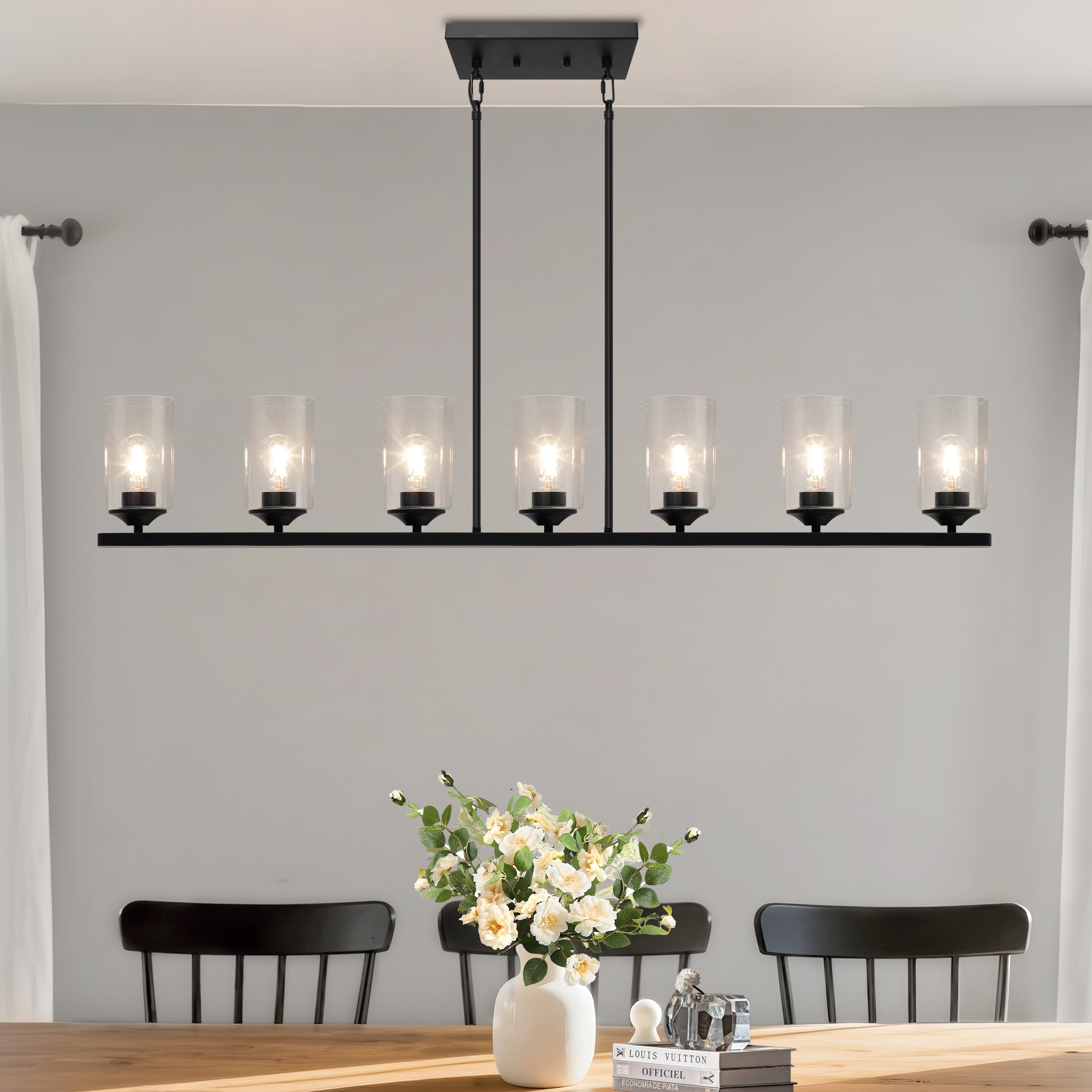 LNC LZZZB7J5338G9C Delia 7 -Light 53.1-in Matte Black with Clear Glass Farmhouse Clear glass Linear Large Hanging Kitchen island light