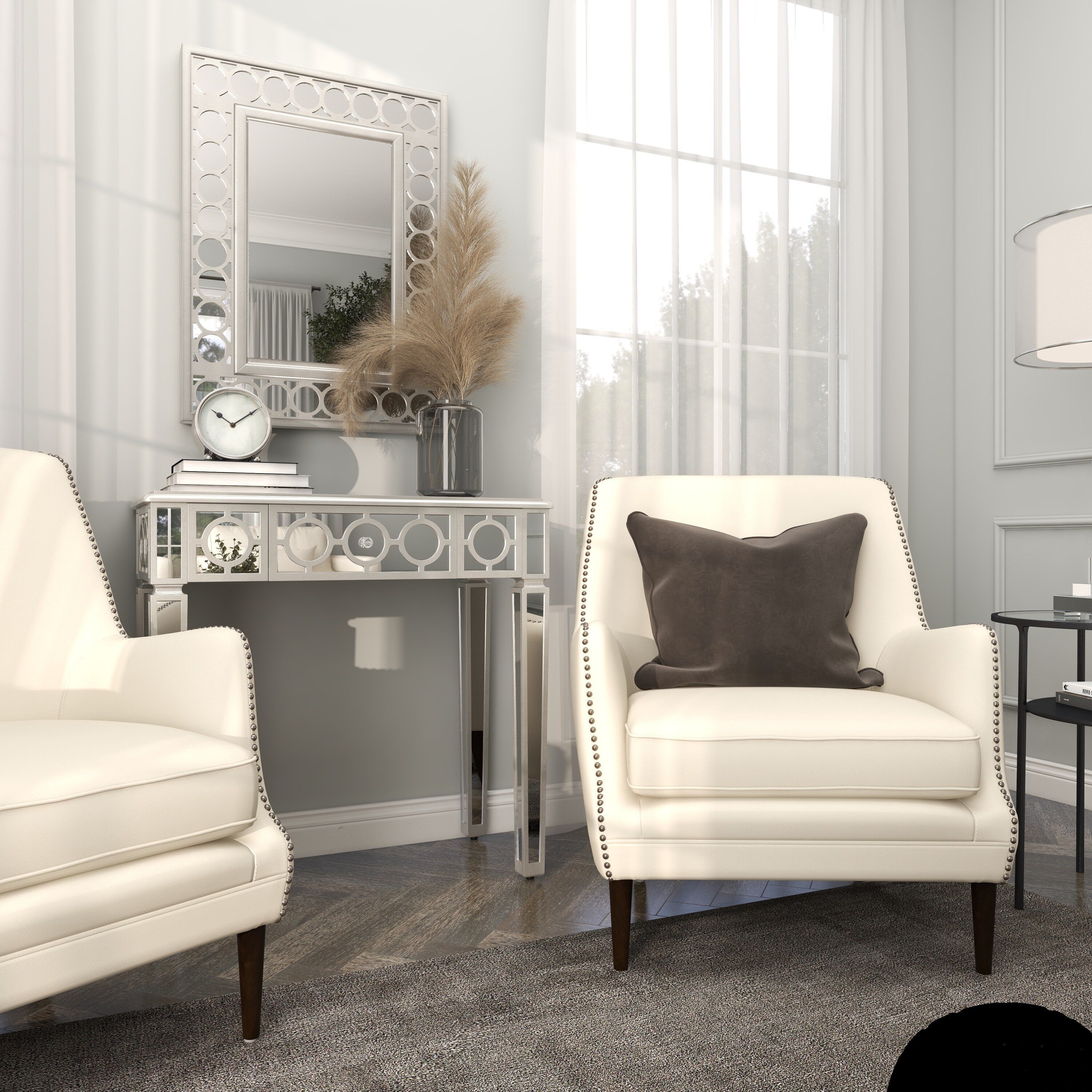 Silver Mirrored Wood and Glass Console Table with Storage