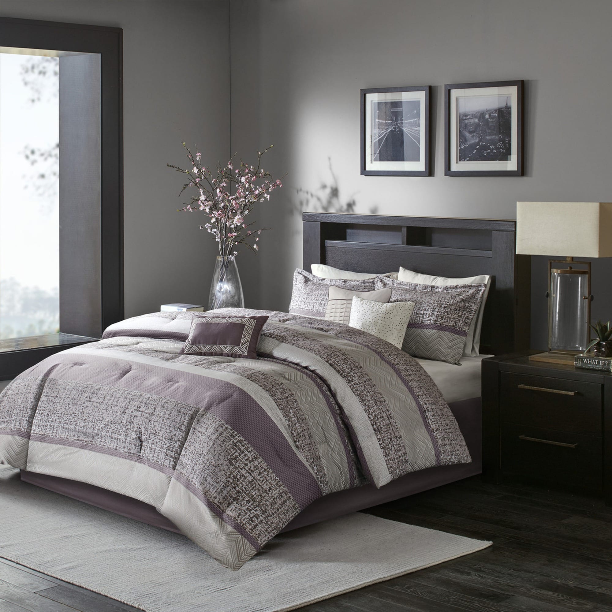 HyperDrop Cart Queen Purple Jacquard 7-Piece Comforter Set - Grade A Fade-Resistant Fabric for Guest Bedroom