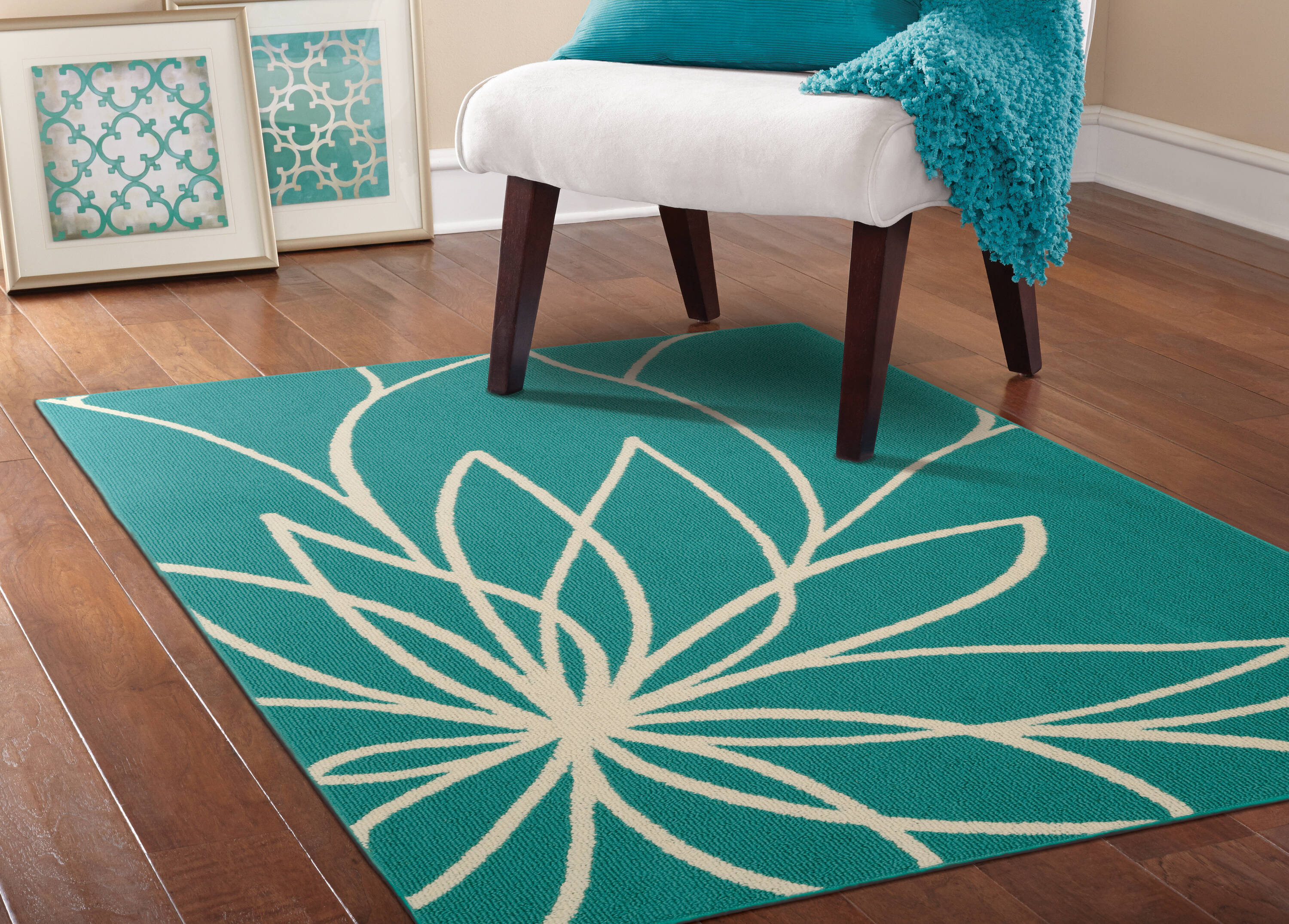 Garland Rug LL460A096120F4 Grand Floral 8 x 10 (ft) Tufted Polypropylene Teal/Ivory Rectangular Indoor Floral/Botanical French Country Area rug