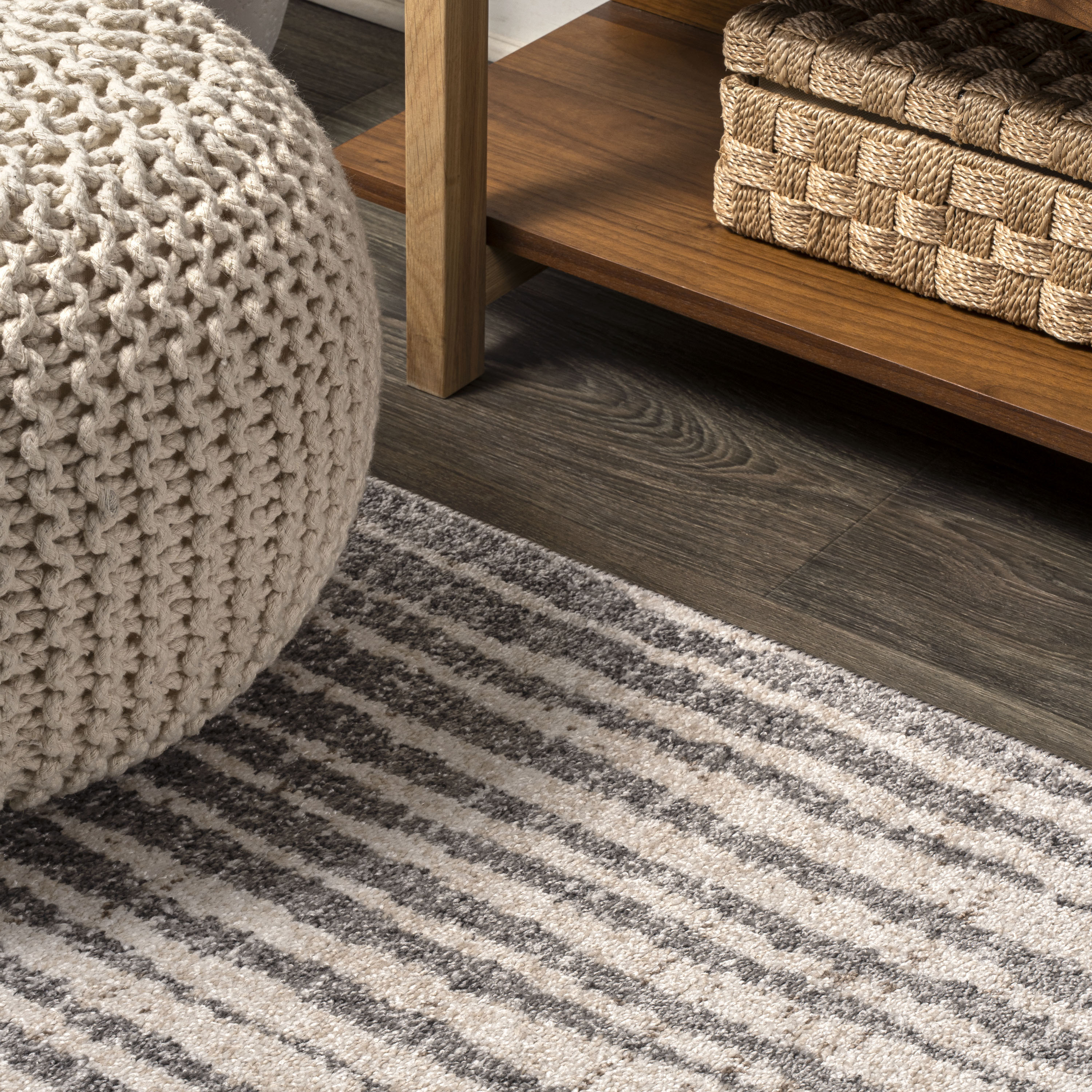 Reversible Gray and Ivory Stripe Synthetic Area Rug