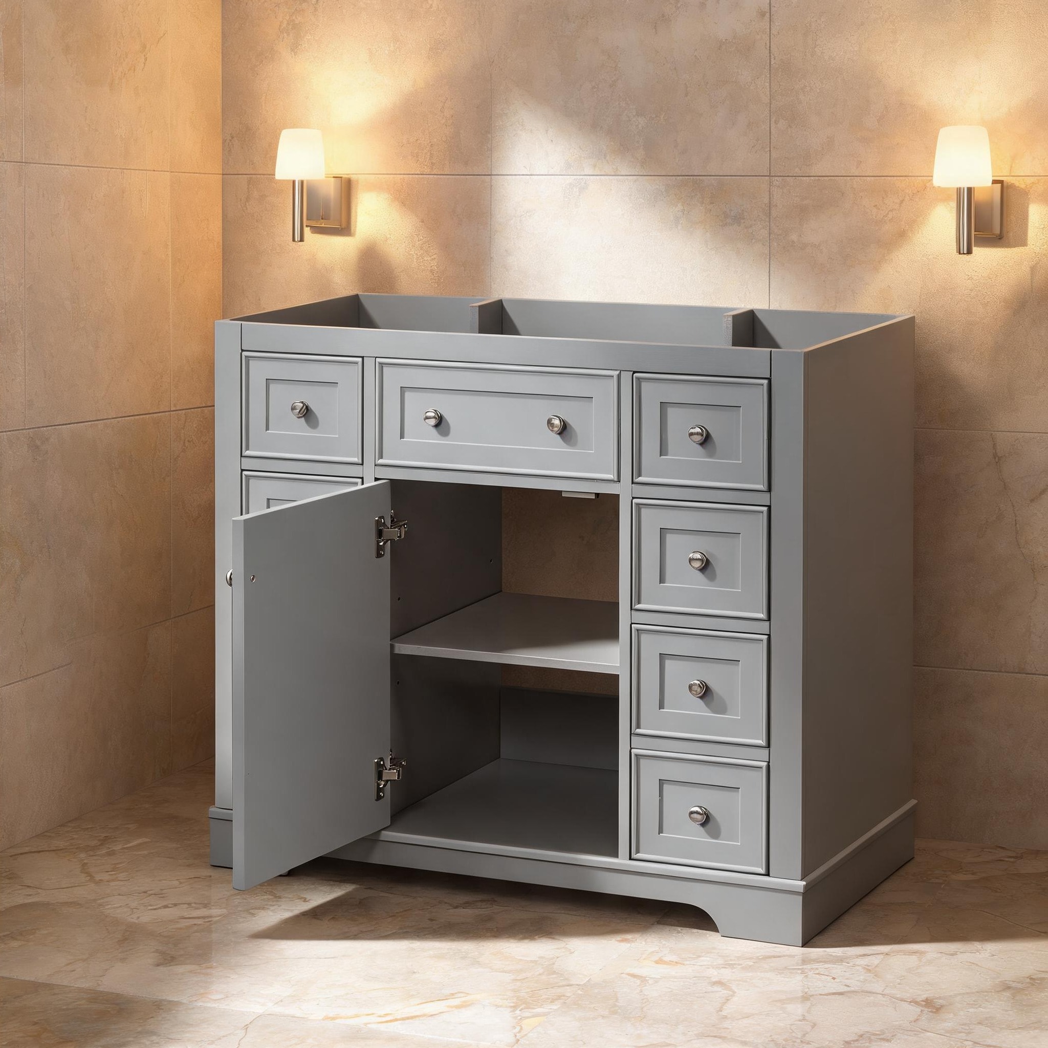 SunJet Gray-Toned 36-Inch Bathroom Vanity Cabinet with Six Drawers and Single Door Solid Wood and MDF Construction