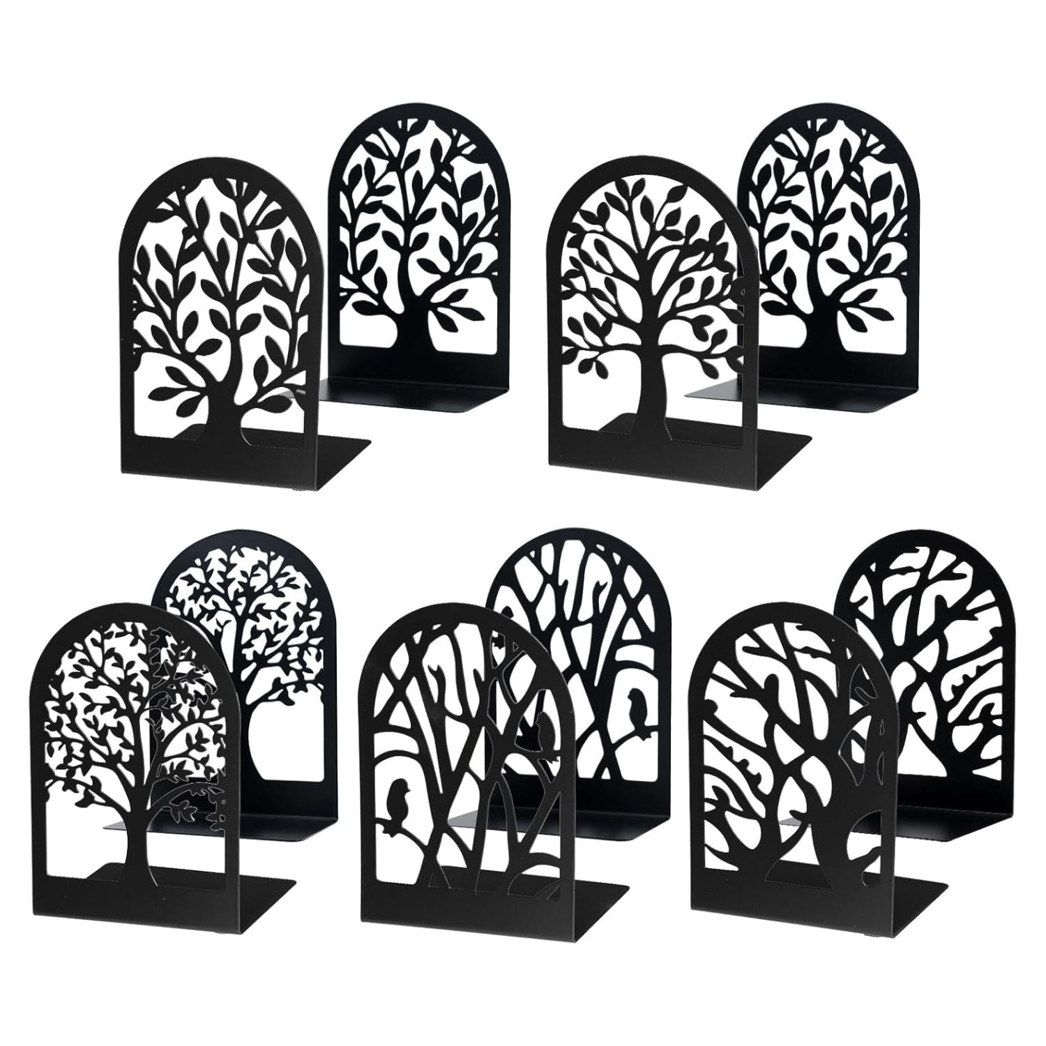 Wudkey 5 Pairs Black Tree Bookends for Shelves Decorative Metal Book Supports for Home Office School