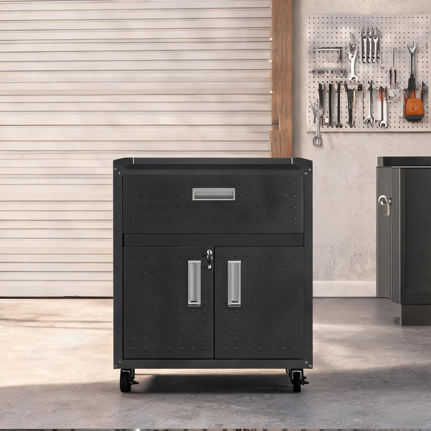 SunJet Mobile Garage Storage Tool Cabinet with Full-Extension Drawer and Lock in Gray-Toned Metal Finish