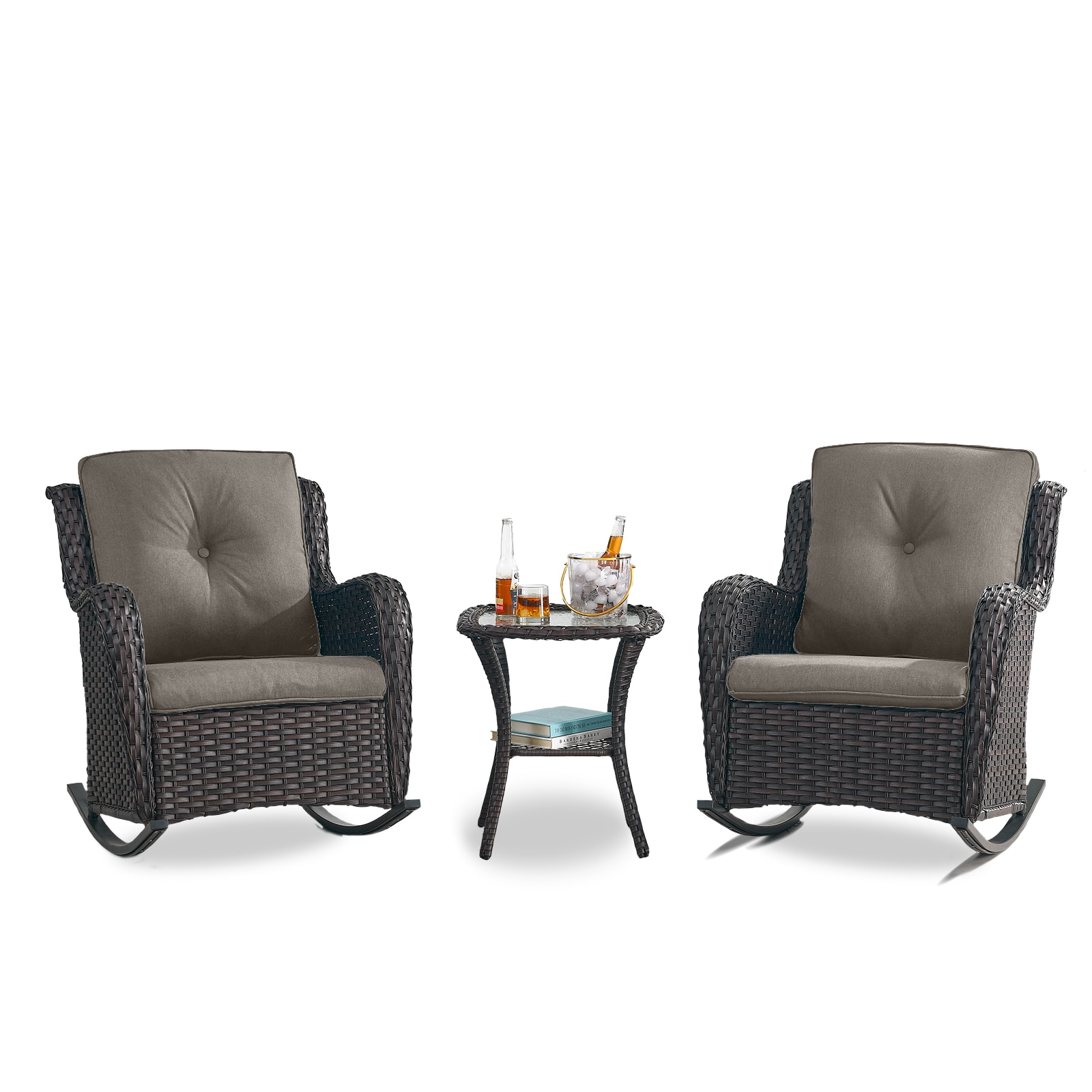 Rilyson FS101025-3 Curved handrail Set of 2 Wicker Brown Wicker Frame Rocking Chair with Gray Gray Cushioned Seat