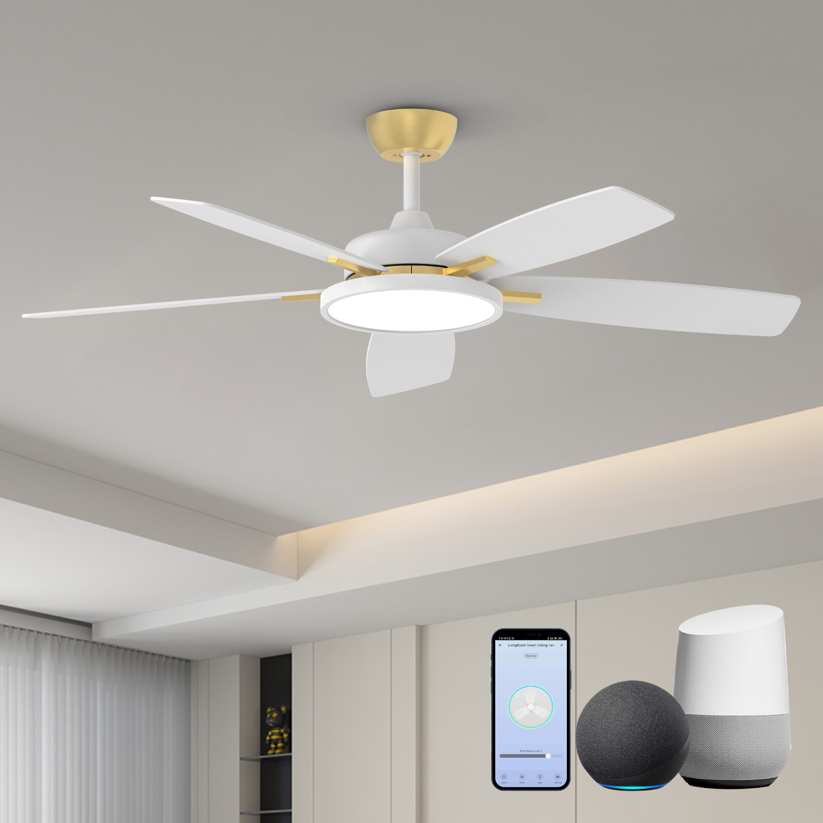 TALOYA RV52-WG-5D-T5 Oasis 52-in Color-Changing Integrated LED Smart Matt Gold with Matt White Blades Ceiling Fan With Light - Remote Included ( 5 -Blade )