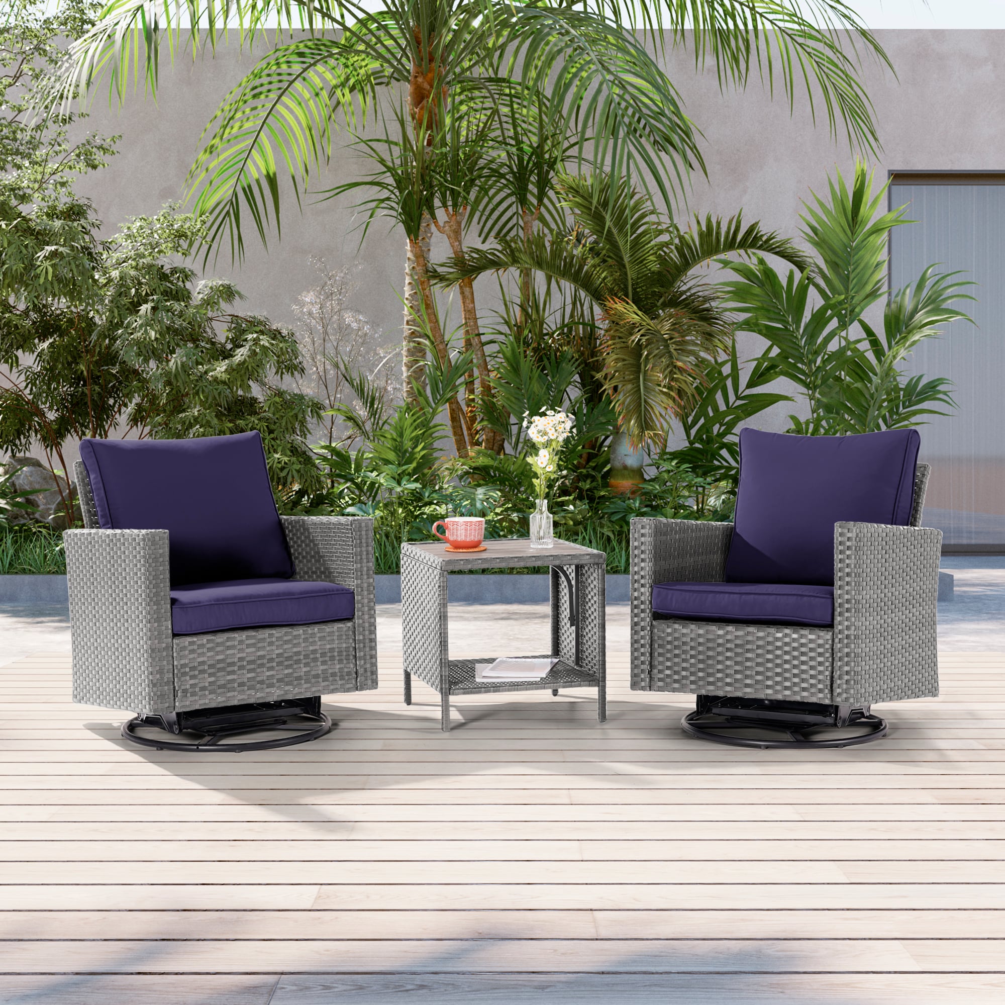 Sonkuki SD-PS2R-HNY-T3 Patio Conversation Set 3 -Piece Wicker Patio Conversation Set with Navy Cushions