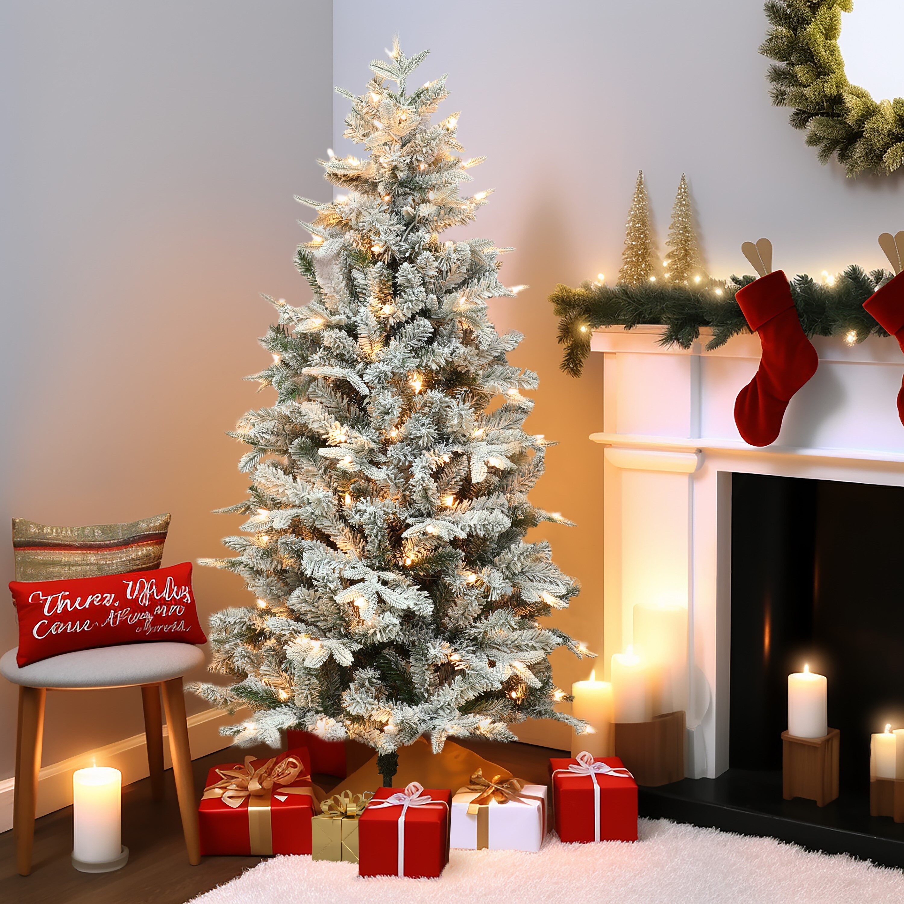 5ft White Flocked Fir Artificial Christmas Tree with LED Lights