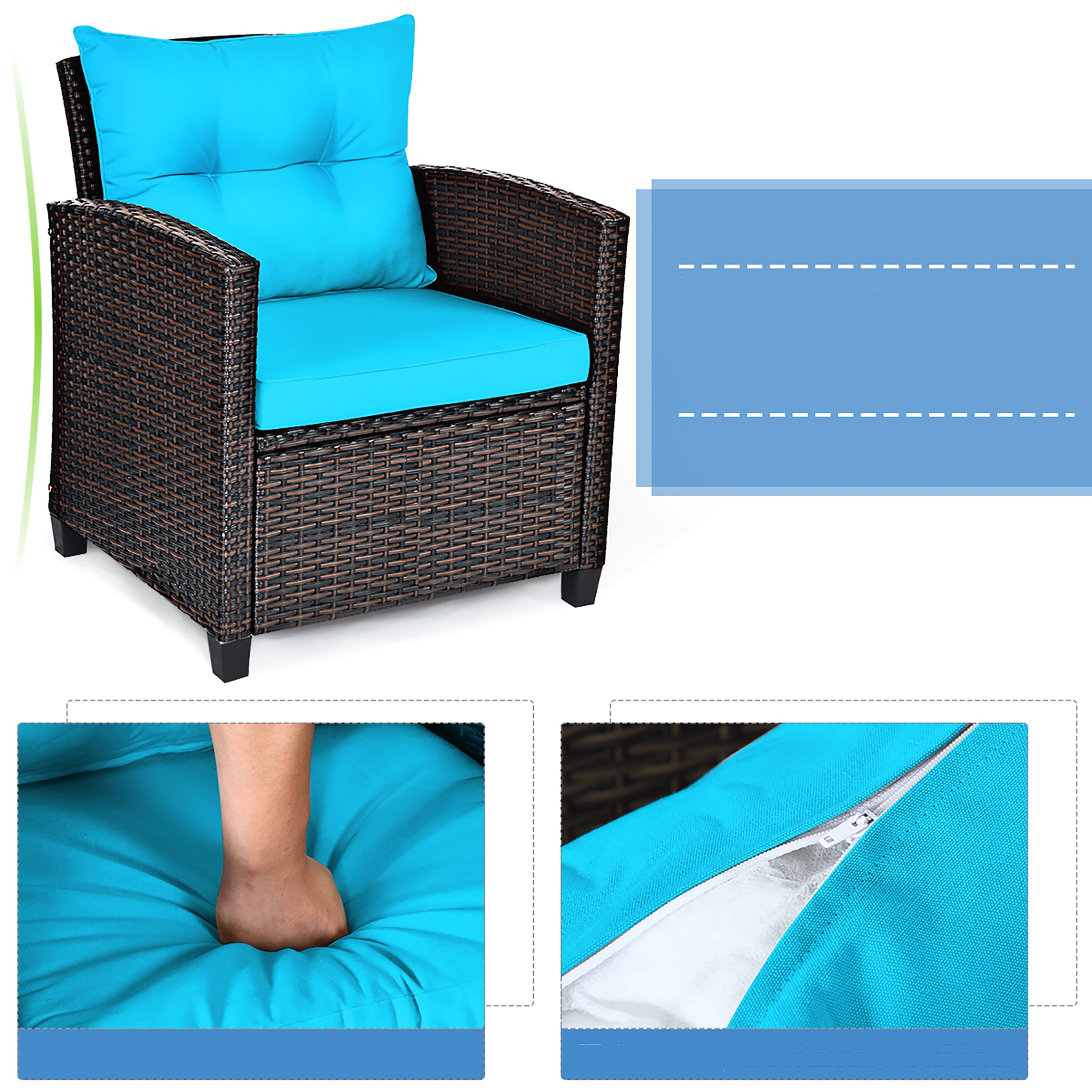Turquoise Cushioned Rattan 3-Piece Patio Conversation Set