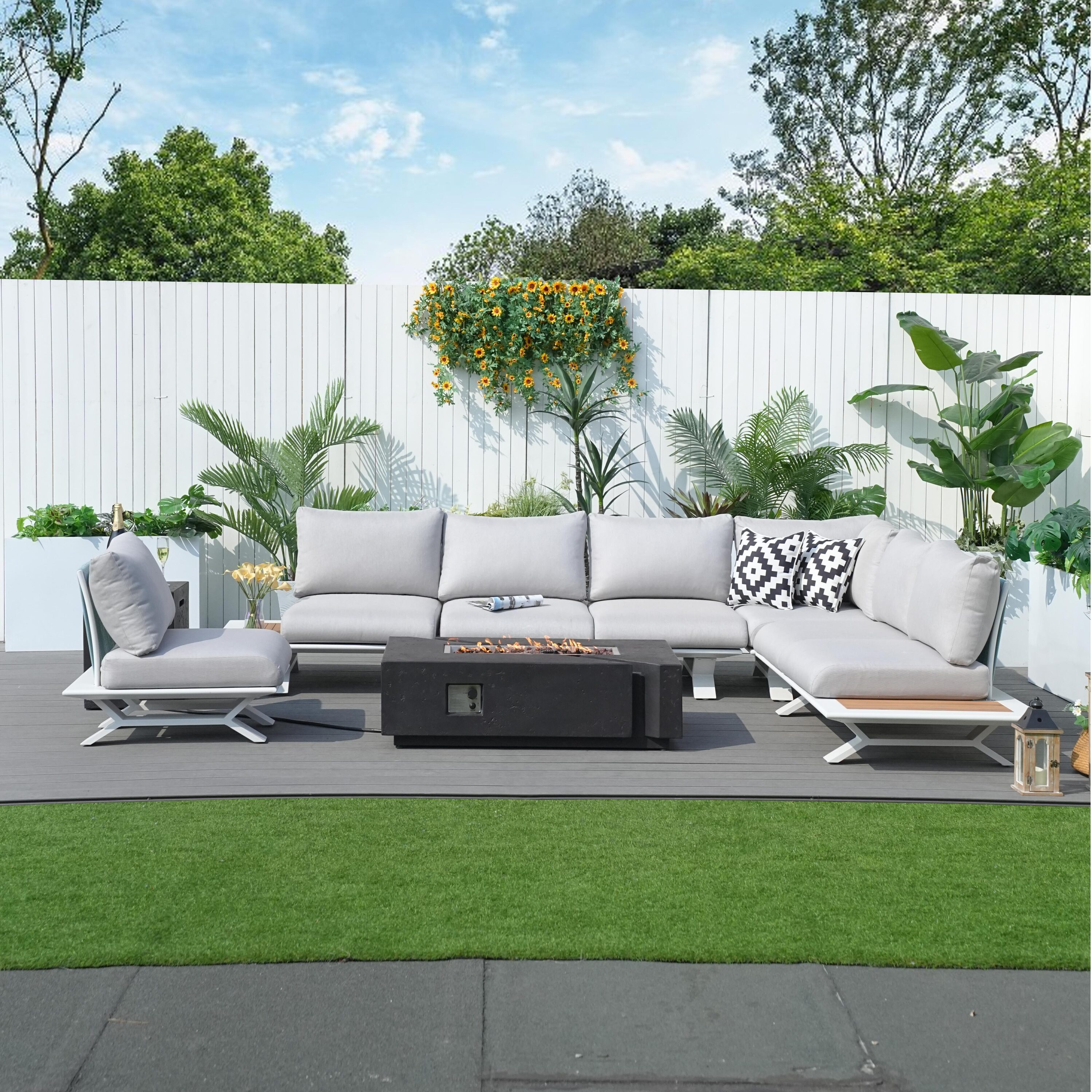 Direct Wicker DWG-2323WH&24913BK 7 -Piece 4 Patio Sofa Conversation Set with Gray Cushions