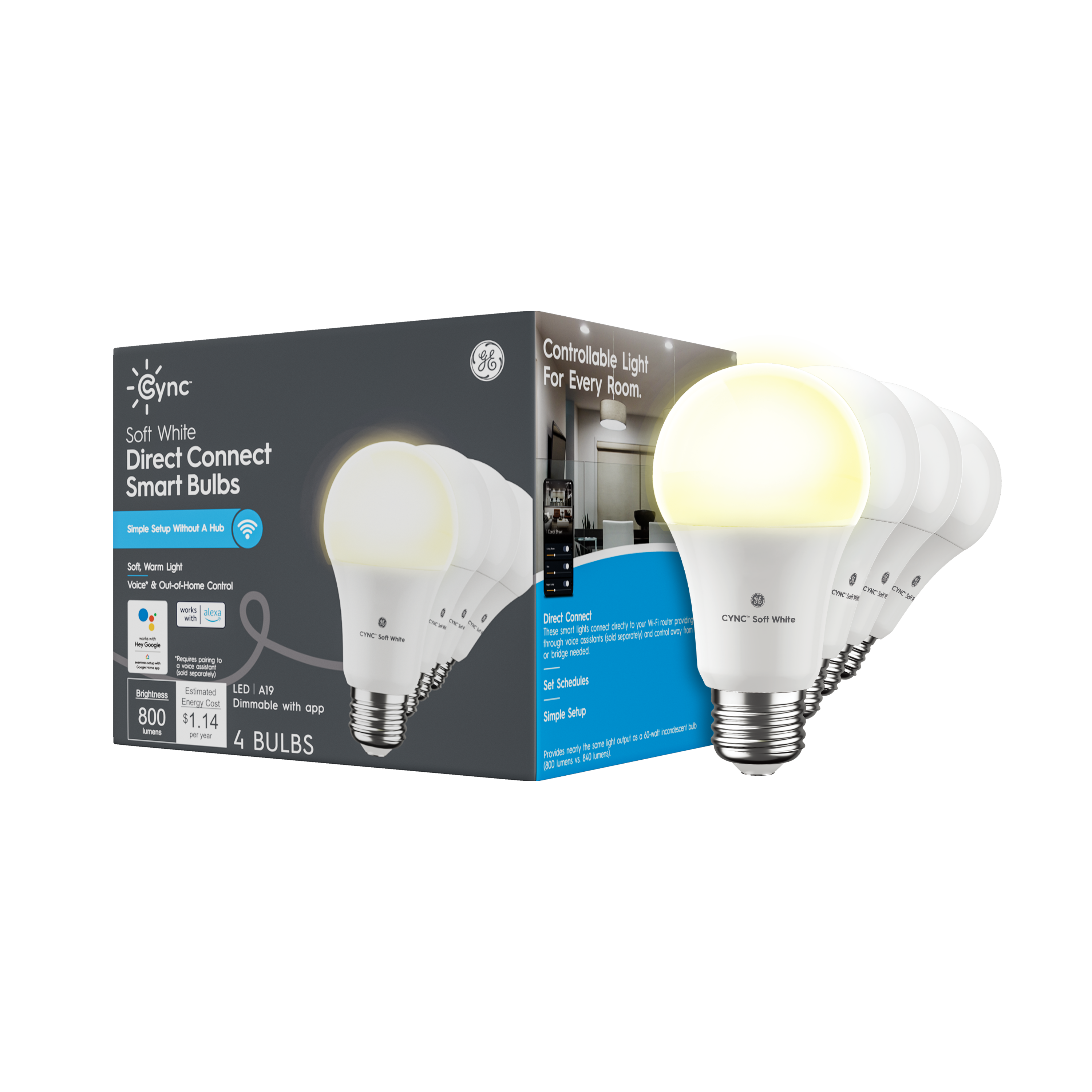 GE 93128965 Cync 60 -Watt EQ A19 Soft white Medium base (E-26) Dimmable Smart LED General purpose Light Bulb 4 -Pack