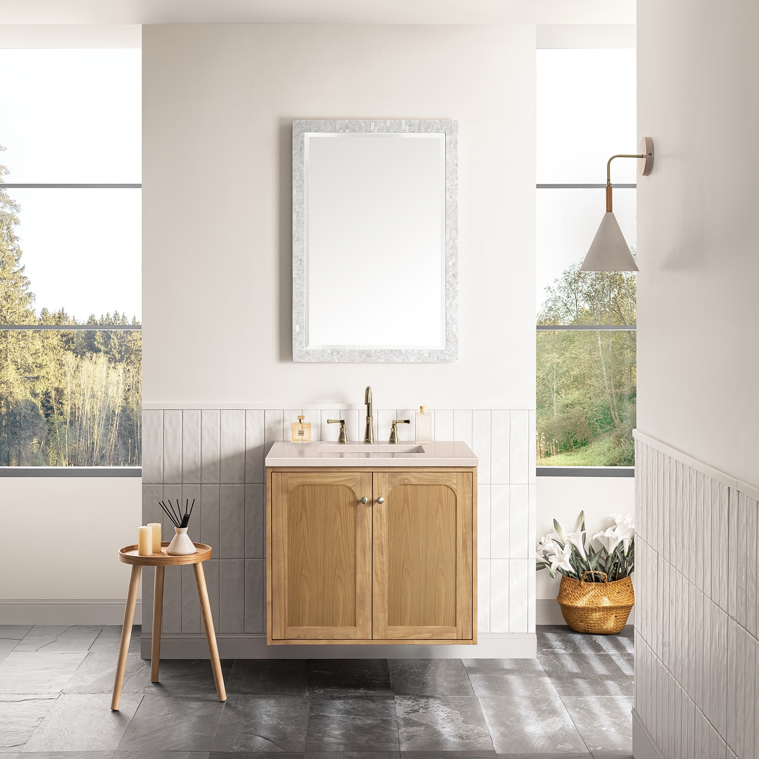 Laurent 30" Light Natural Oak Wall-Mount Single Vanity with Eternal Marfil Top
