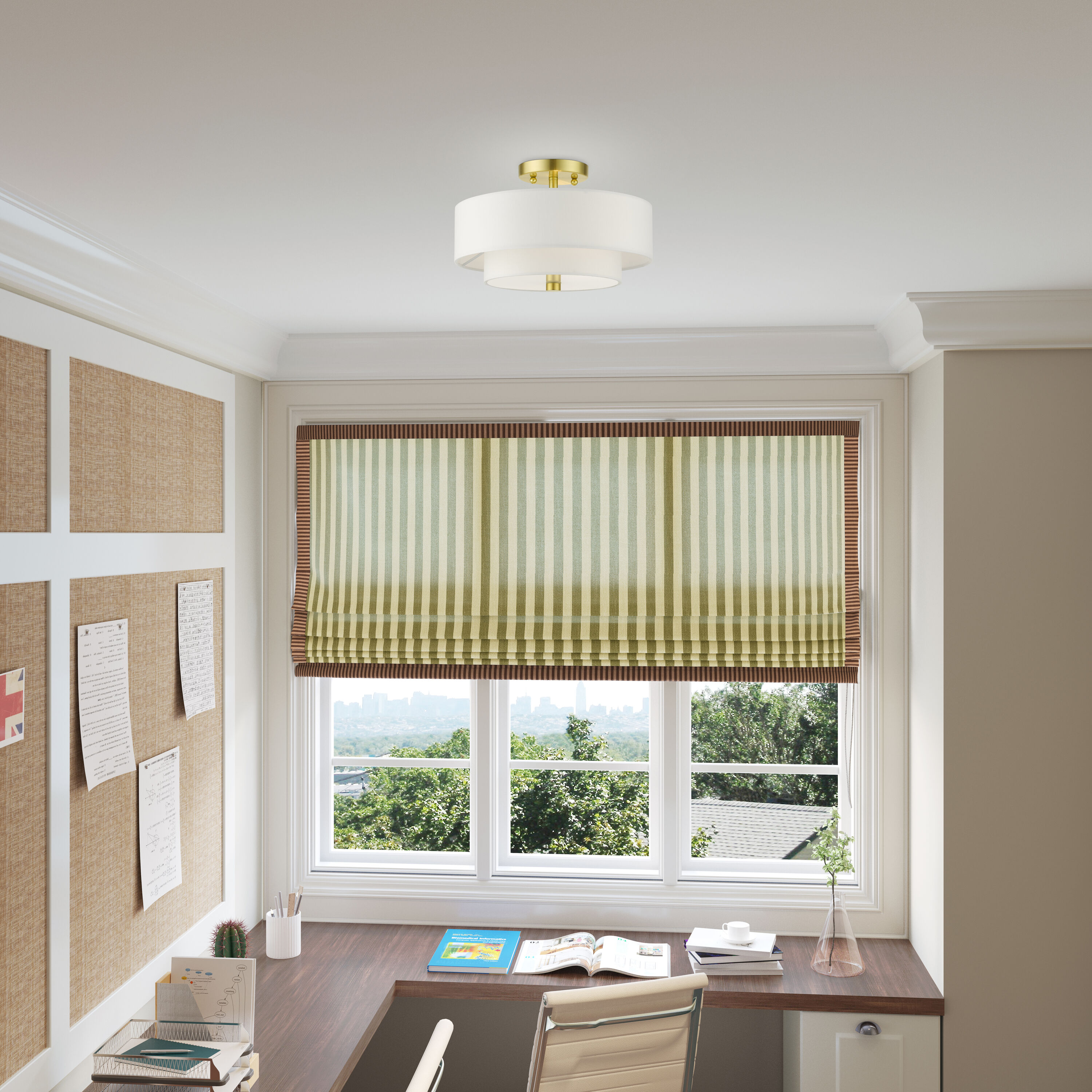 Satin Brass Glass Drum 2-Light Semi-Flush Mount