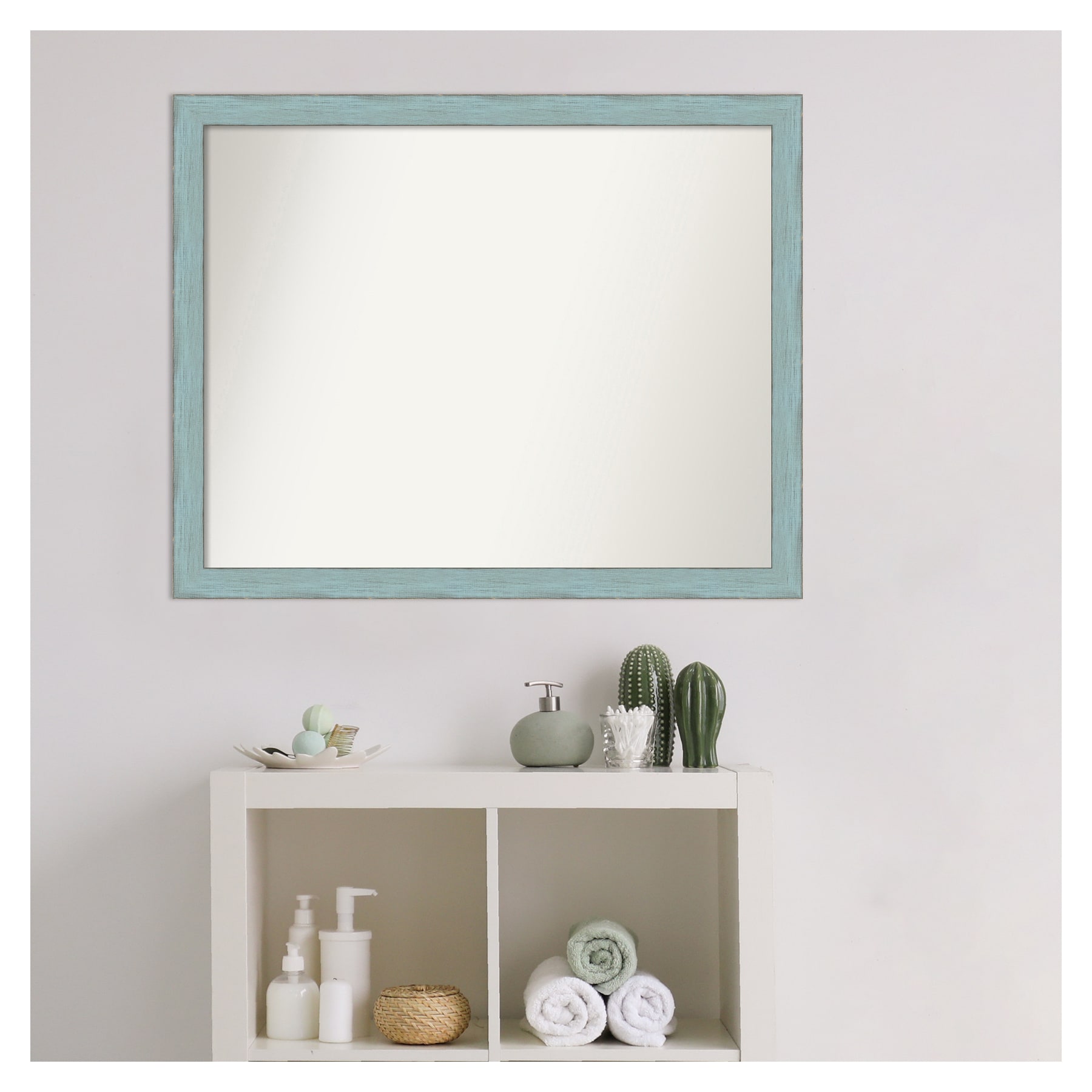 Sky Blue Rustic Wood Rectangular Bathroom Wall Mirror