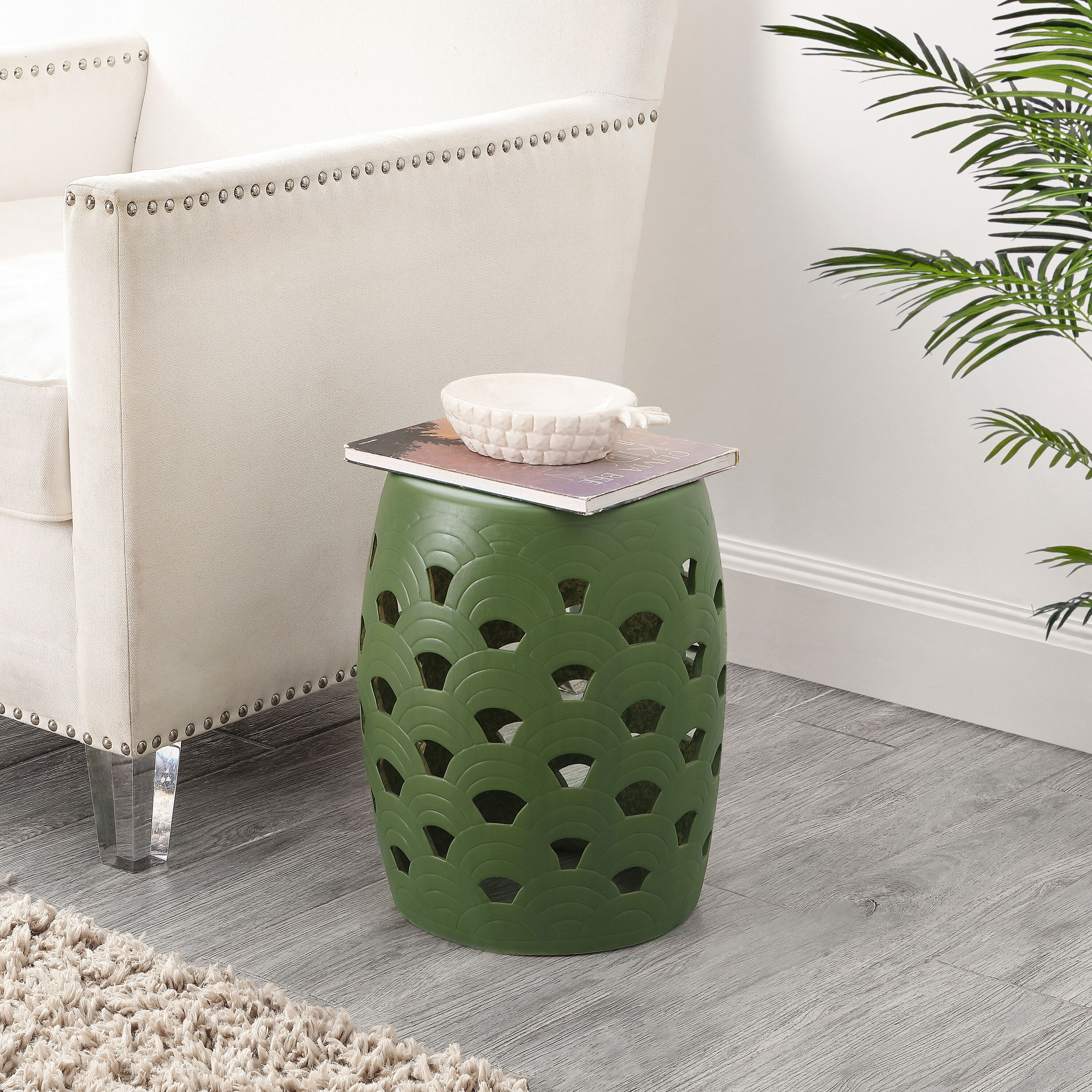  Amaissa 15 Inch Moss Green Ceramic Garden Stool