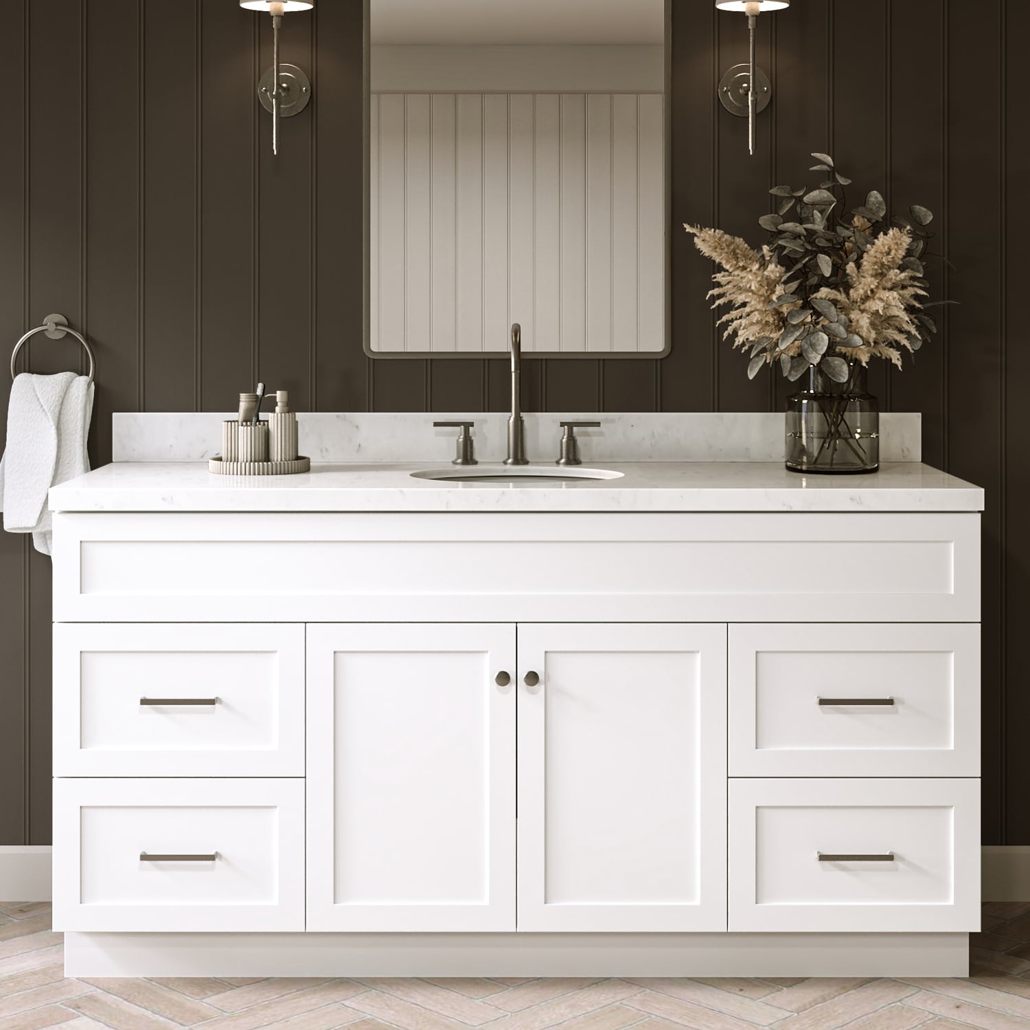 ARIEL Hamlet 66-in White Undermount Single Sink Bathroom Vanity with Carrara White Quartz Quartz Top