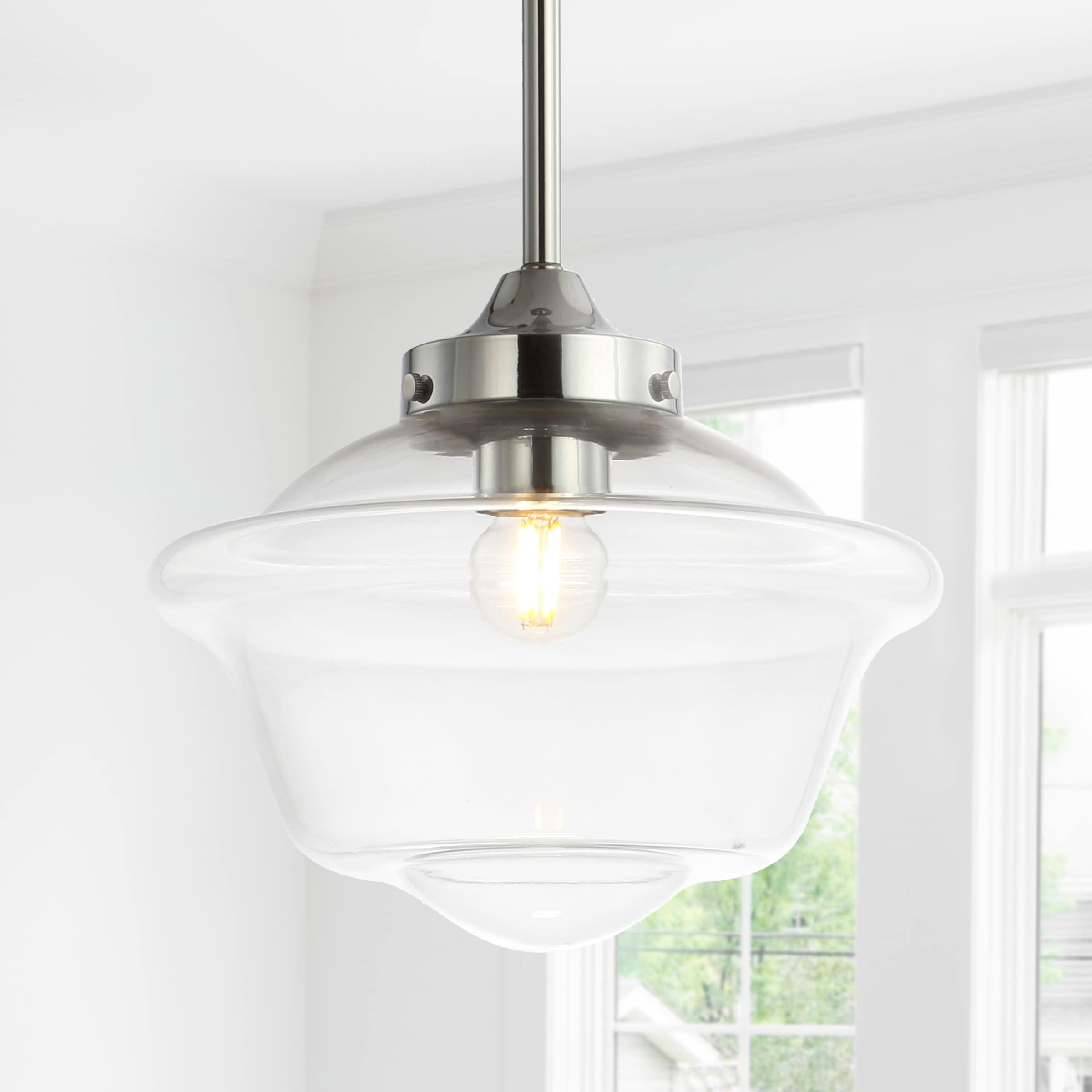 JONATHAN  Y JYL3517B Kurtz 9.5" Adjustable Drop Metal/Glass Contemporary Chrome Transitional Clear glass Bowl Mini Hanging Kitchen island light