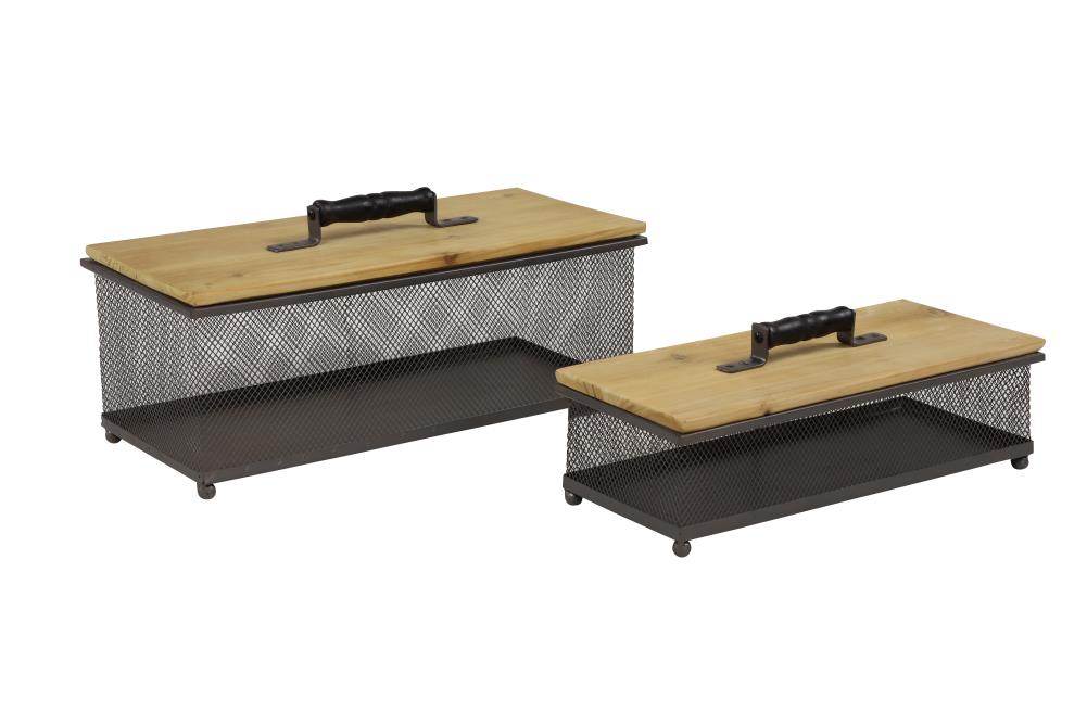 Grayson Lane 69617 Rectangular Gray Metal Mesh and Natural Wood Decorative Storage Boxes with Black Wood Handles Set of 2