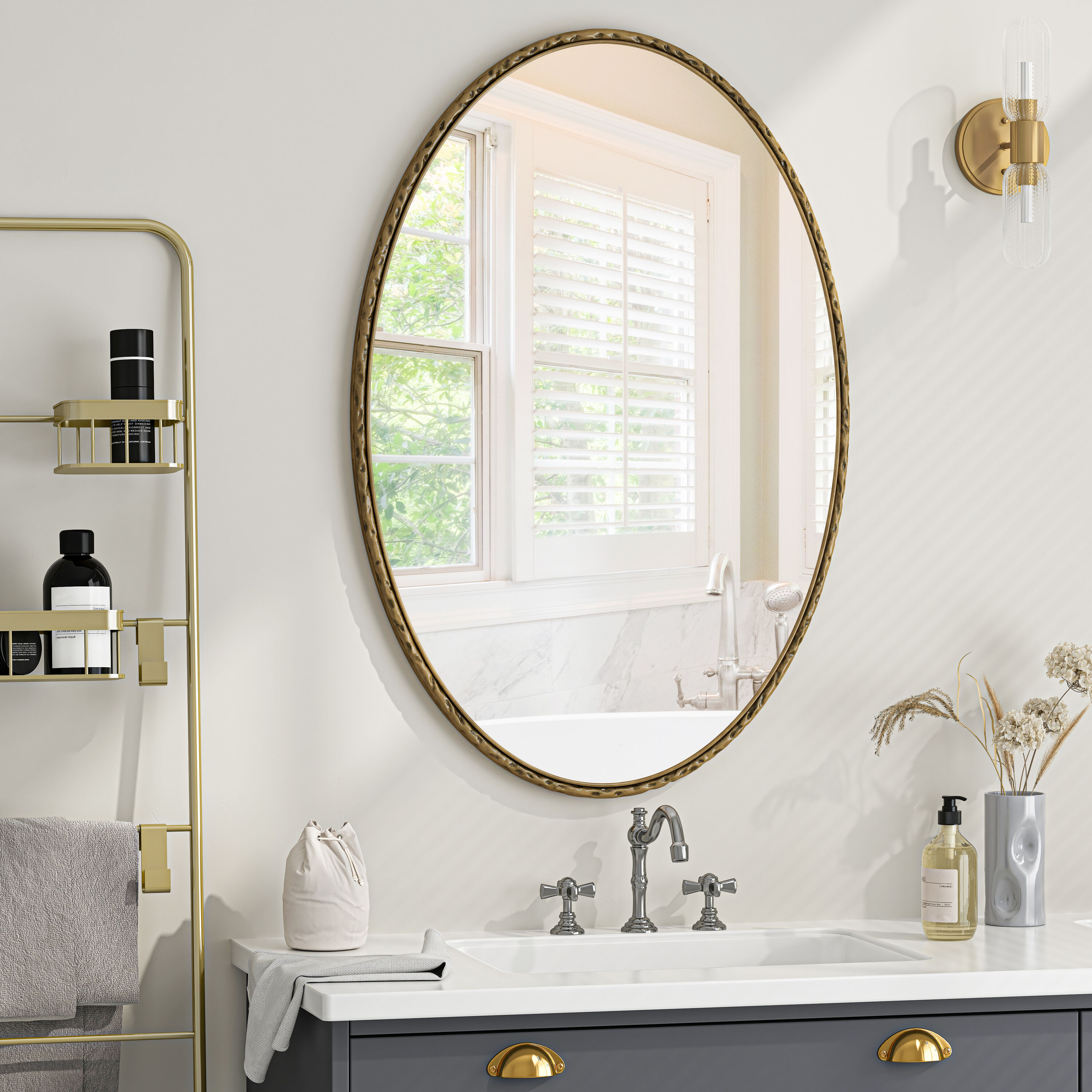 ES-DIY GF2727SQBK 25.6-Inches W x 39.37-Inches H Oval Gold Framed Wall Mirror