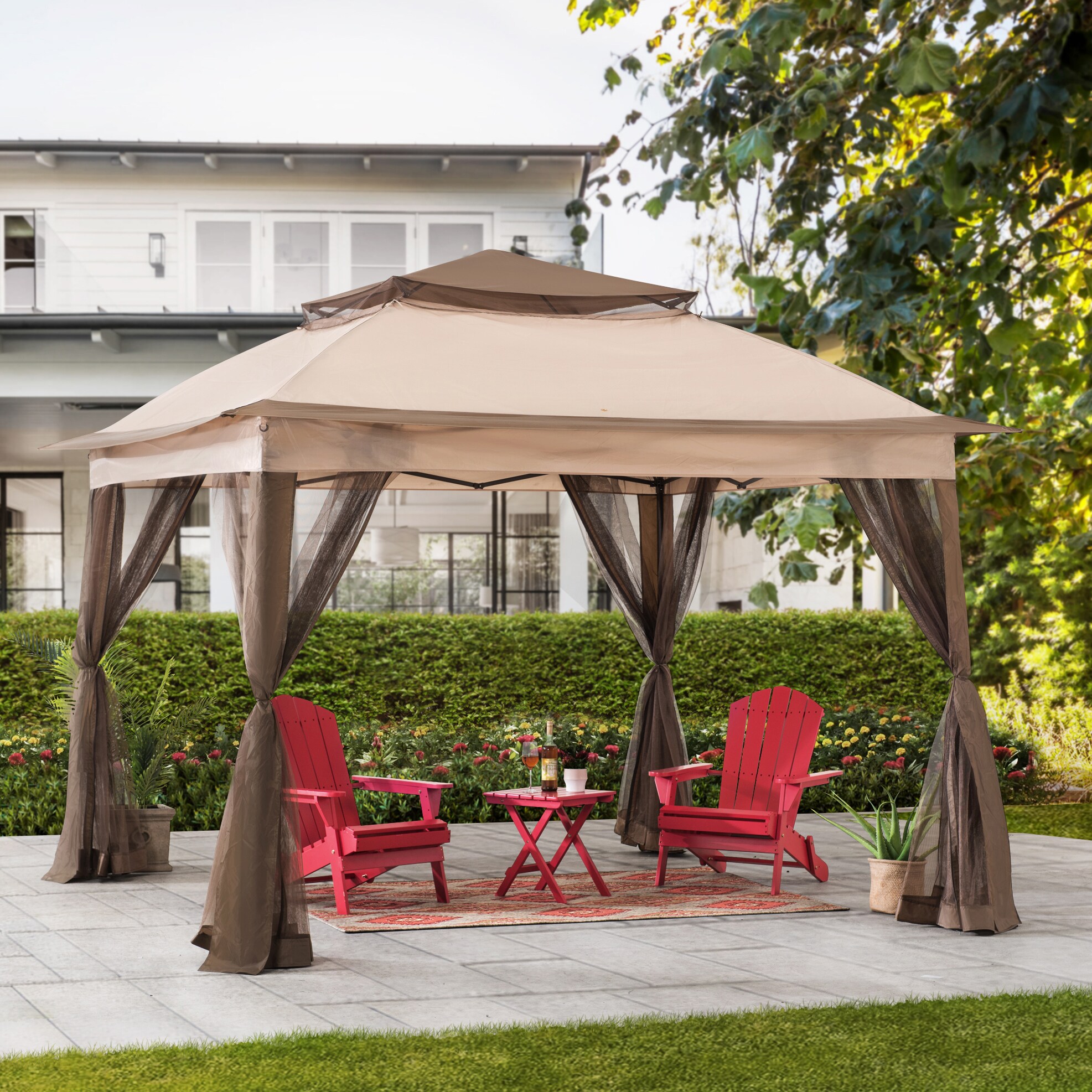 Sunjoy 11-ft x 11-ft Tan Metal Square Screened Pop-up Gazebo in the ...