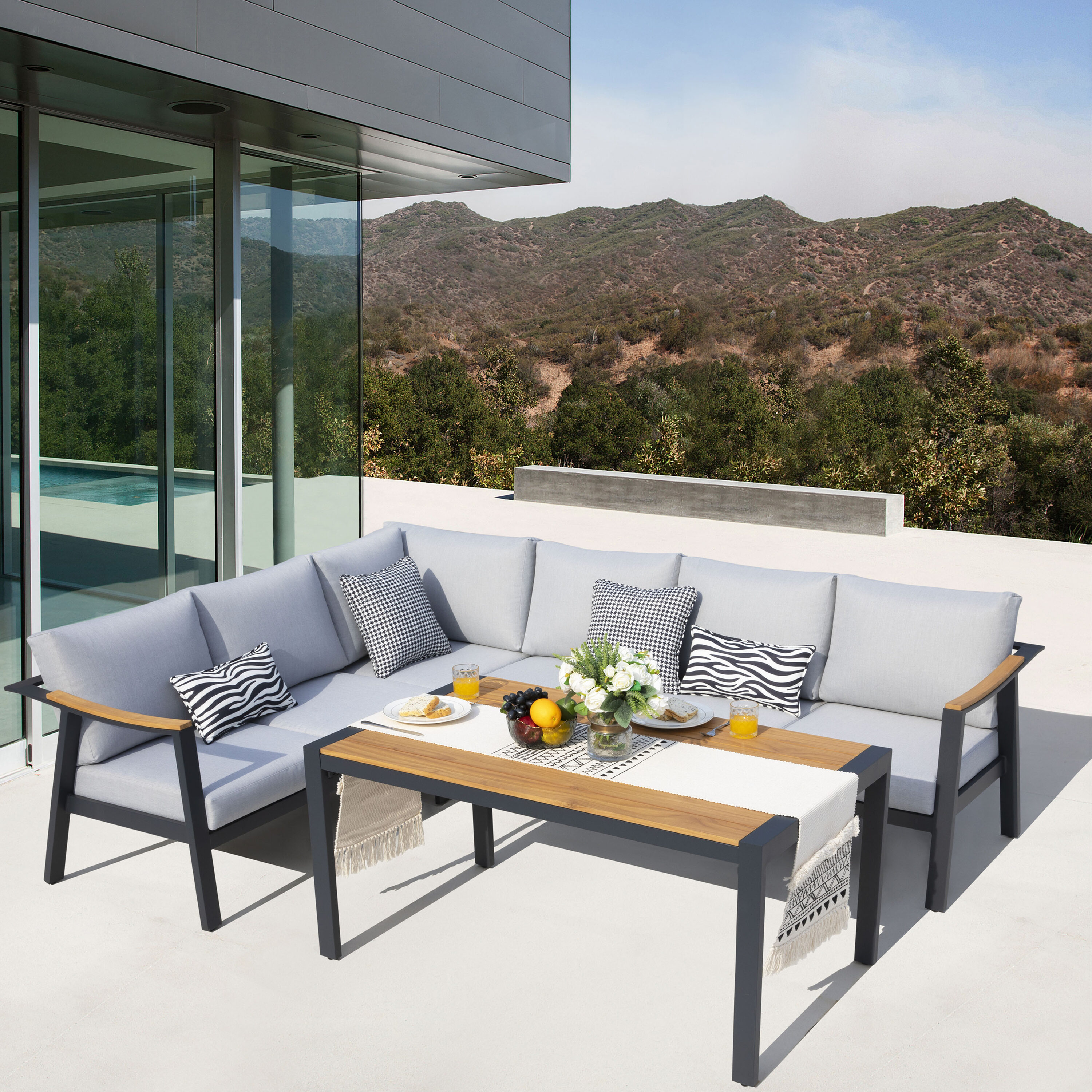 Patio time SAS021-02 Sectional Sofa Set Outdoor Sectional with Gray Cushions and Aluminum Frame