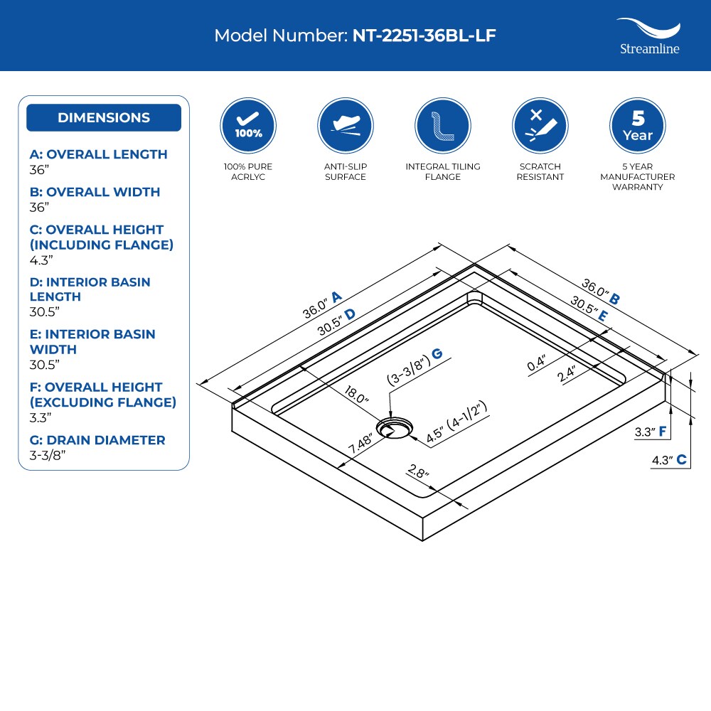 Streamline NT-2251-36BL-LF Shower-Floors - View #9
