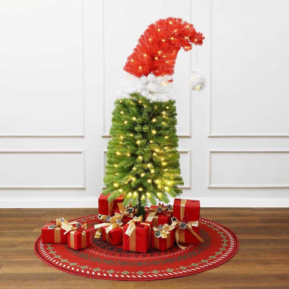 5-Foot Red, White, and Green Santa Hat Christmas Tree with LED Lights