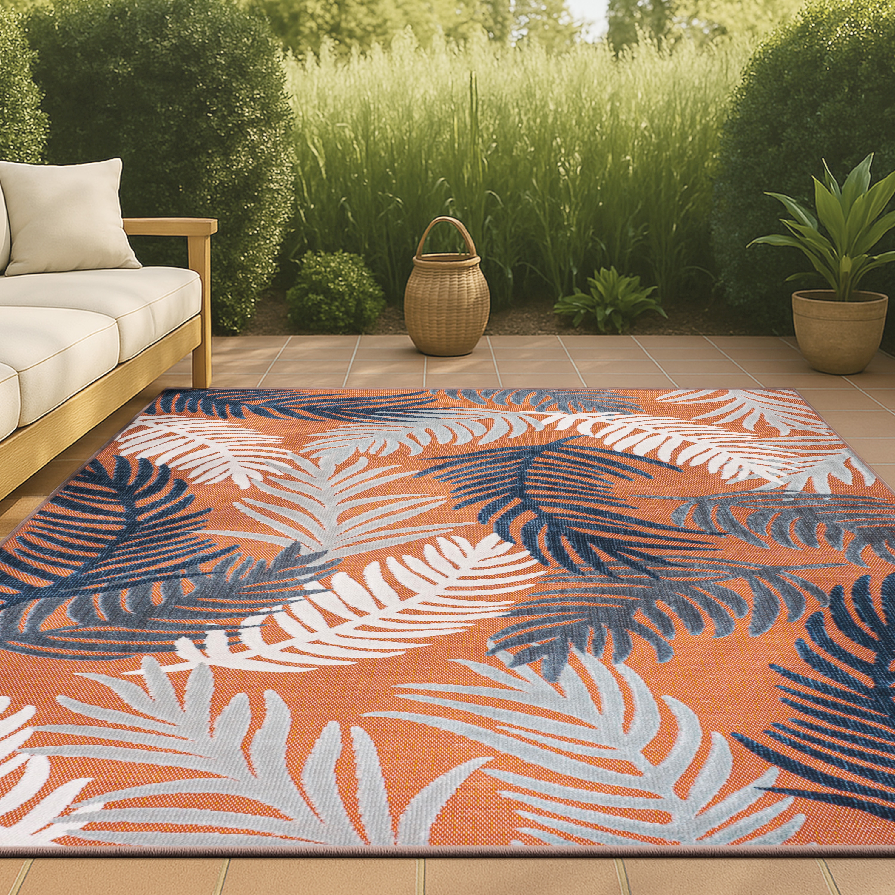 JONATHAN  Y HWC101A-5 Hawaii Montego High-Low Tropical Palm 5 x 8 (ft) Loomed Polypropylene Orange/Navy/Ivory Rectangular Indoor/Outdoor Floral/Botanical Coastal Area rug