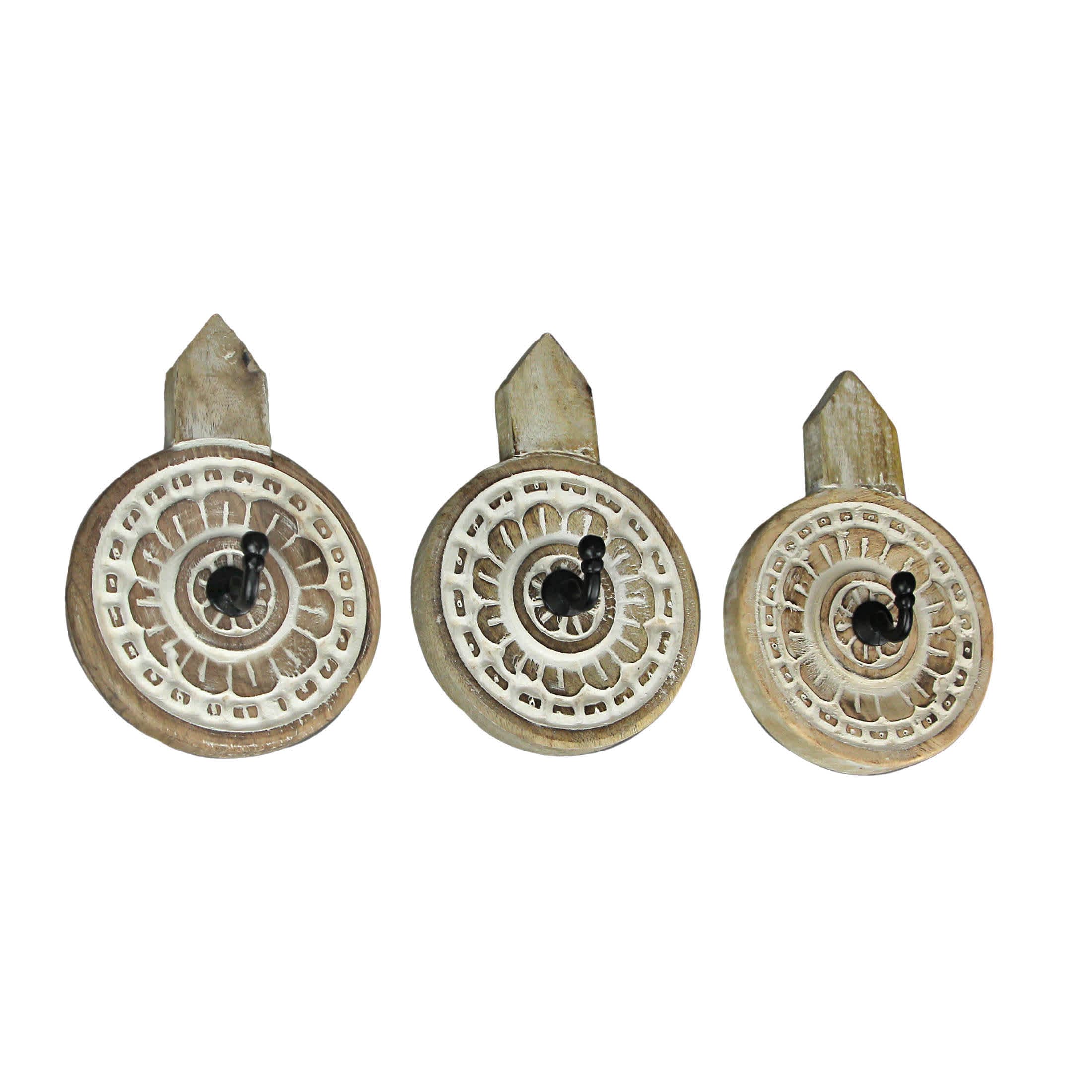 Things2Die4 PDH-PDNE840-SET Set of 3 Hand Carved Wooden Wall Hooks Decorative Floral Coat Towel Hanging Art