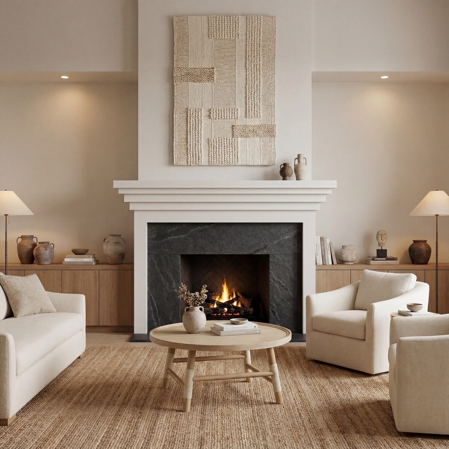 Living room with round coffee table near fireplace