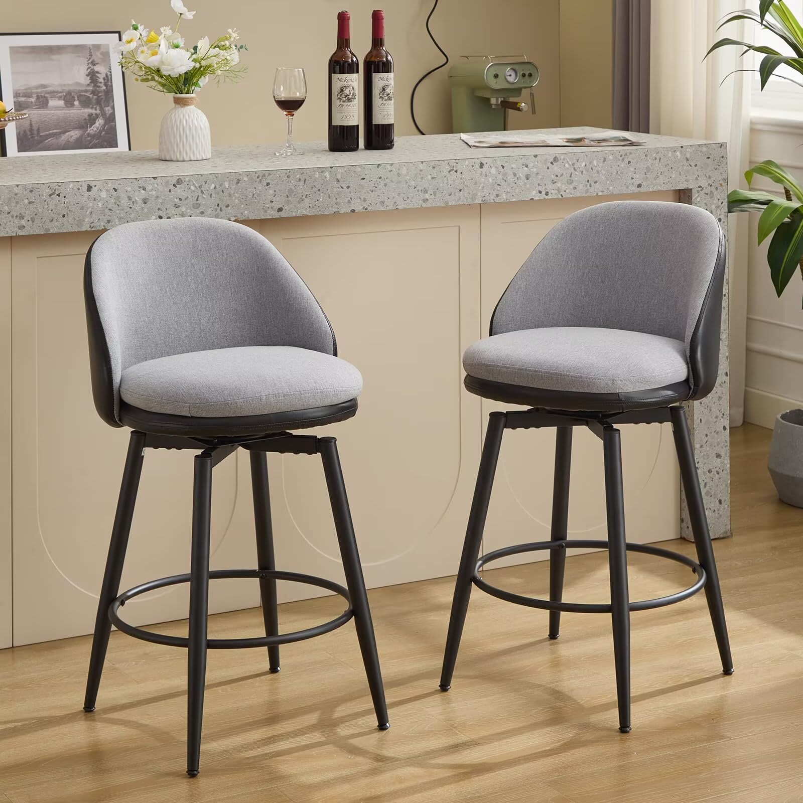 Qeetex JXNAG-PHO-15WY1AYH Counter Height Bar Stools Set of 2 26 Inch Swivel Barstools with Back and Metal Legs for Kitchen Counter Modern Upholstered Stools Island Chairs-Black PU Leather + Grey Linen